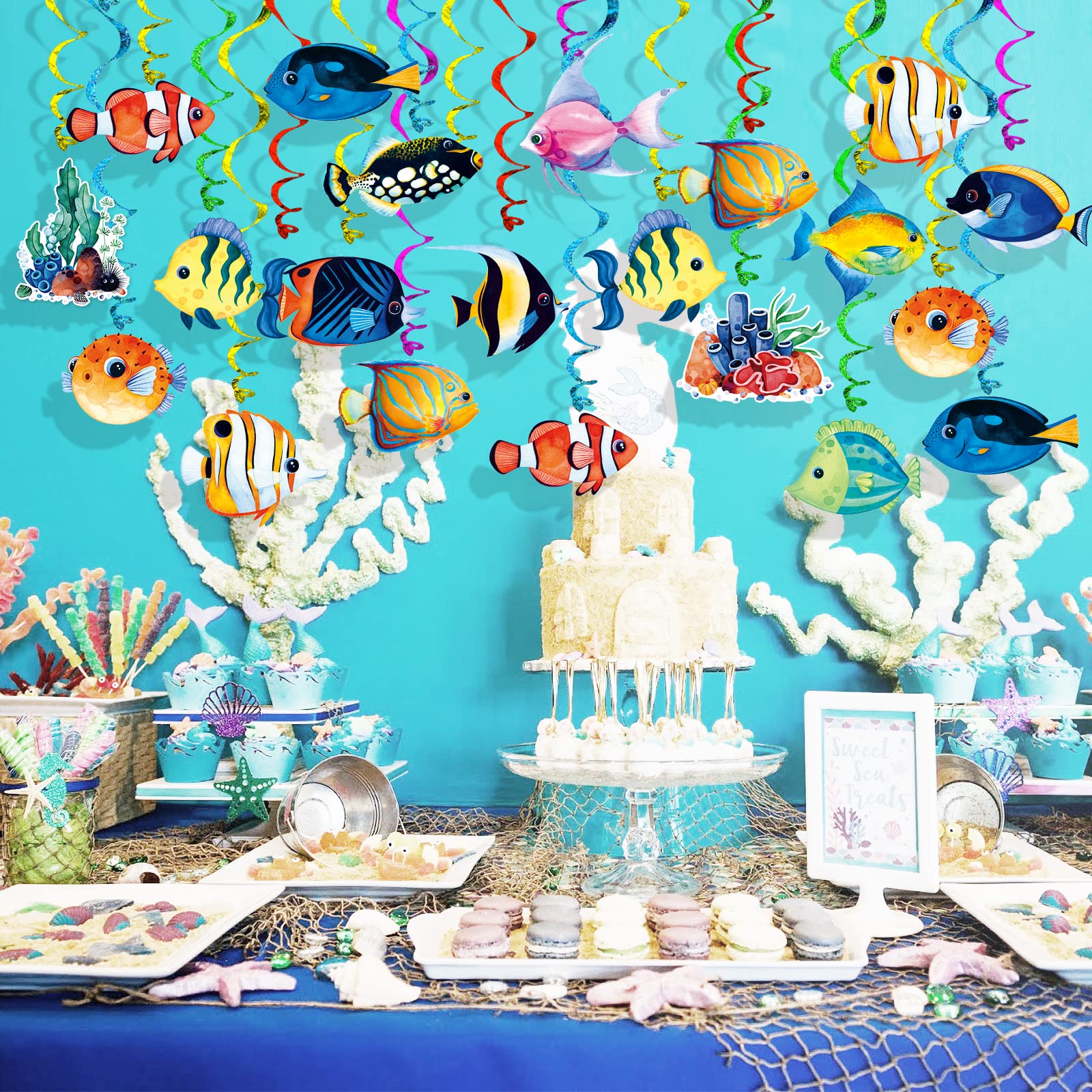 Tropical Fish Hanging Swirls Banner Decor 30 Pack Foil Ceiling Hanging Swirls Streams Banner Decorations Garland for Under the Sea Ocean Celebrating