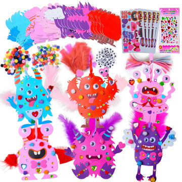 YIYEE 24 Sets Valentines Day Crafts for Kids, DIY Foam Monster Valentine Cards Craft Kit for Kids, Valentines Hanging Decorations Ornament Valentines
