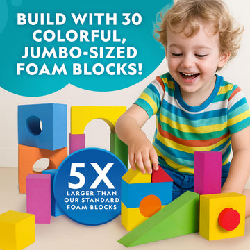 National Geographic Kids Jumbo Foam Blocks - 30-Piece Foam Building Blocks for Toddlers & Preschoolers, Soft Stackable Blocks with Storage Bag, Early