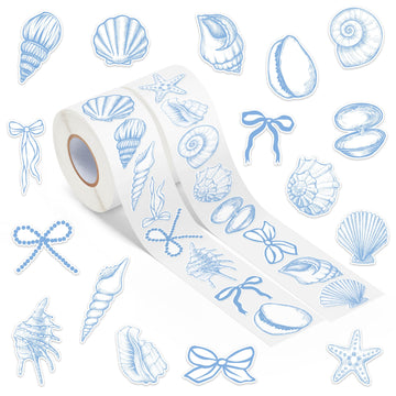 DSjuedui Summer Blue Seashell Roll Stickers - 1000Pcs Funny Blue Ocean Life Starfish Bow Vinyl Decals for Kids, Under the Sea Beach Theme Stickers