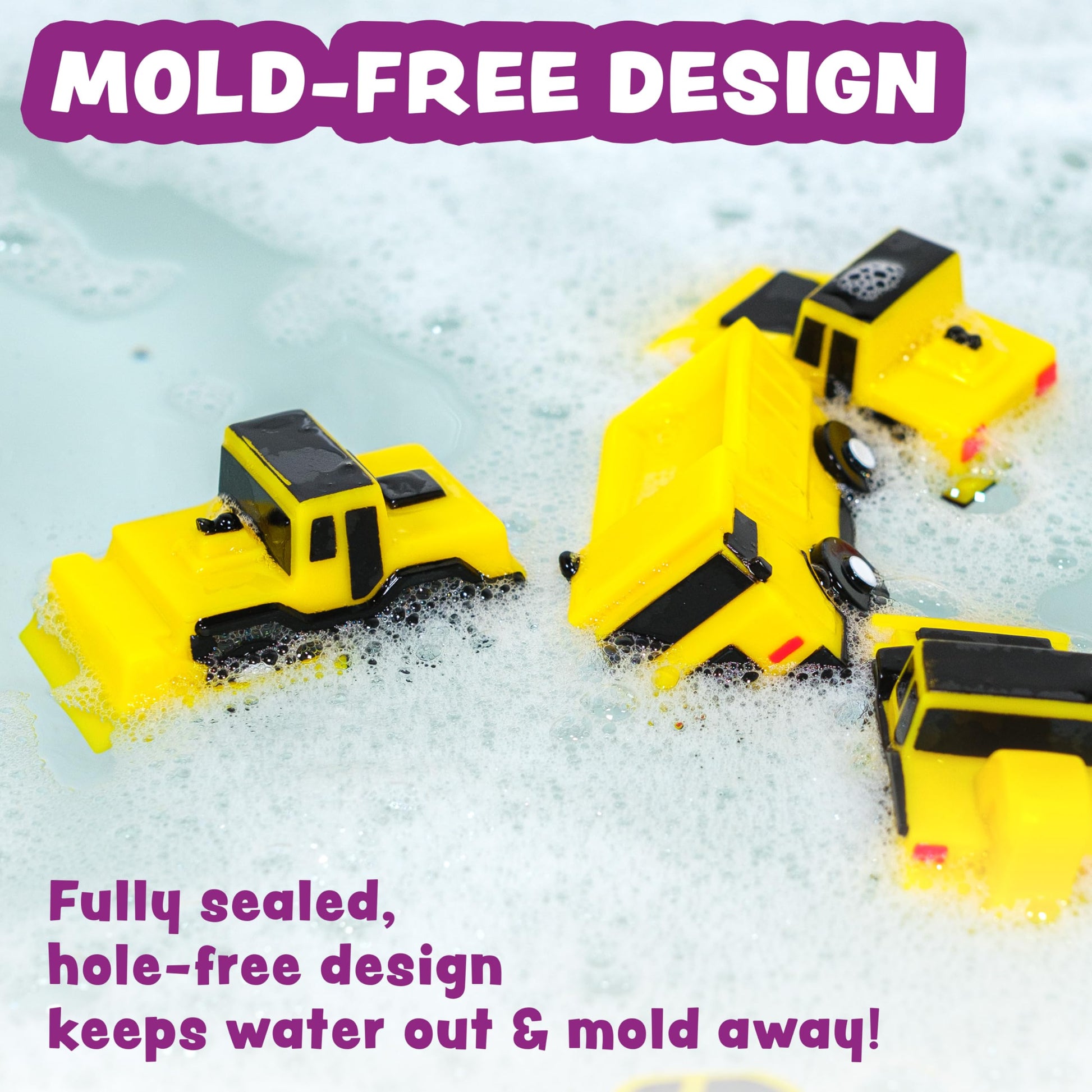 Tub Works® Construction™ Trucks Mold Free Bath Toys, 6 Pack | Sealed, No Hole Bath Toys Design Keeps Moisture Out | Soft, Squeezable & Float on Water
