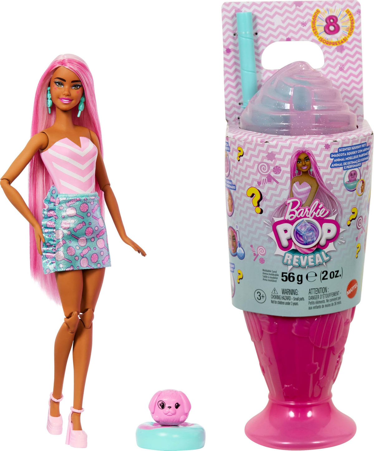 Barbie Pop Reveal Series Fashion Doll & Accessories Set, Treat Series, Sweet Swirl Theme with Pet, 8 Surprises Include Color Change