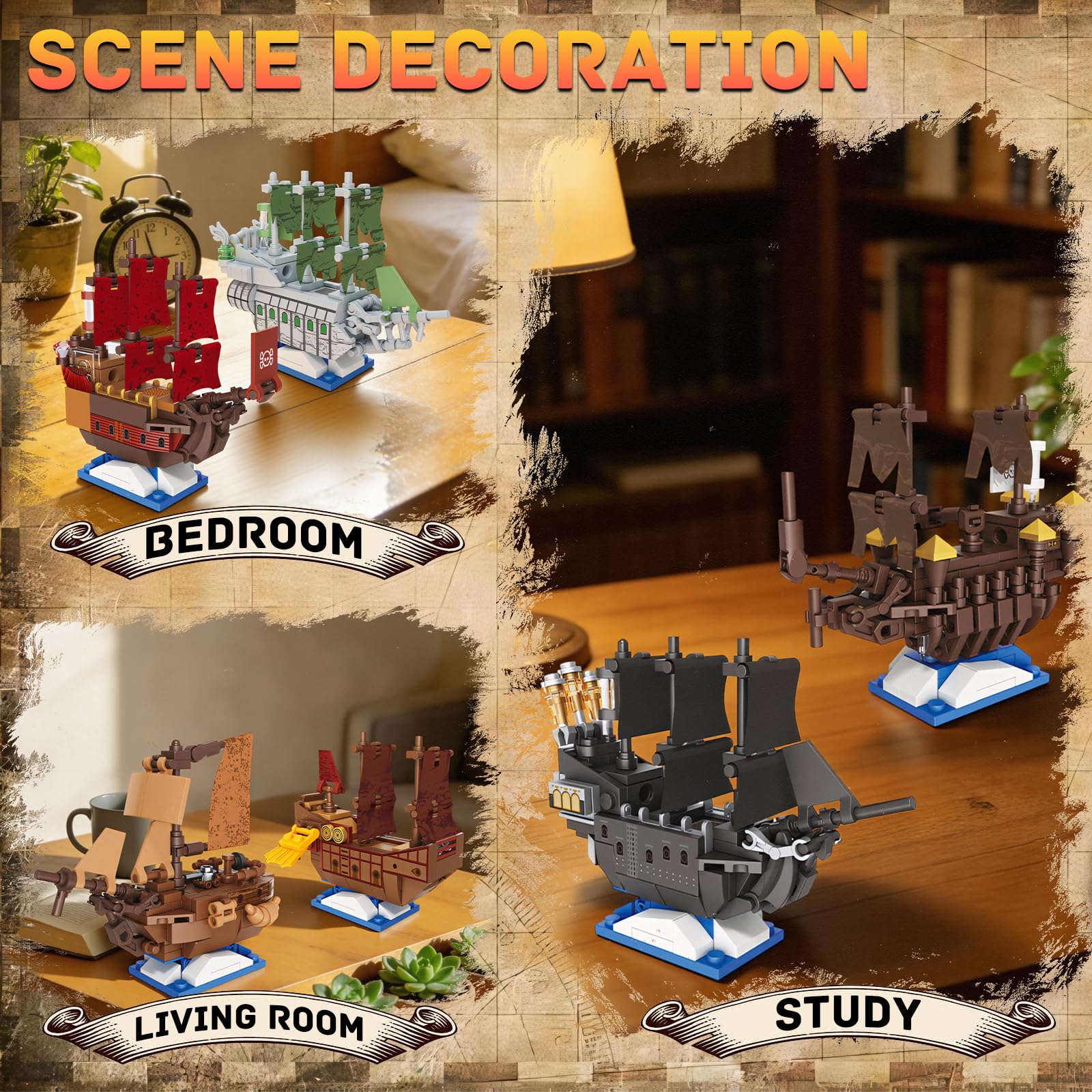 YCJZXMS 6-in-1 Pirate Ship Building Blocks Set, Mini Brick Pirate Ship Model Kit, Detailed Ship Collection for Display, Creative Hobby Building Set