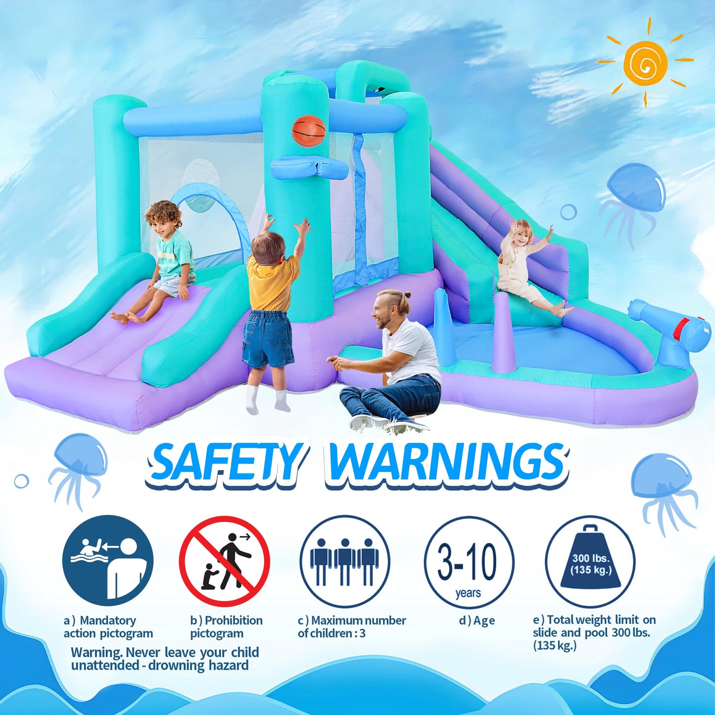 Bestsun Inflatable Bounce House Water Slide, 141 x 138 x 78 Inches Blow Up Water Slides, Splash Pool, Basketball, Ring Toss Game, Target Balls, Water