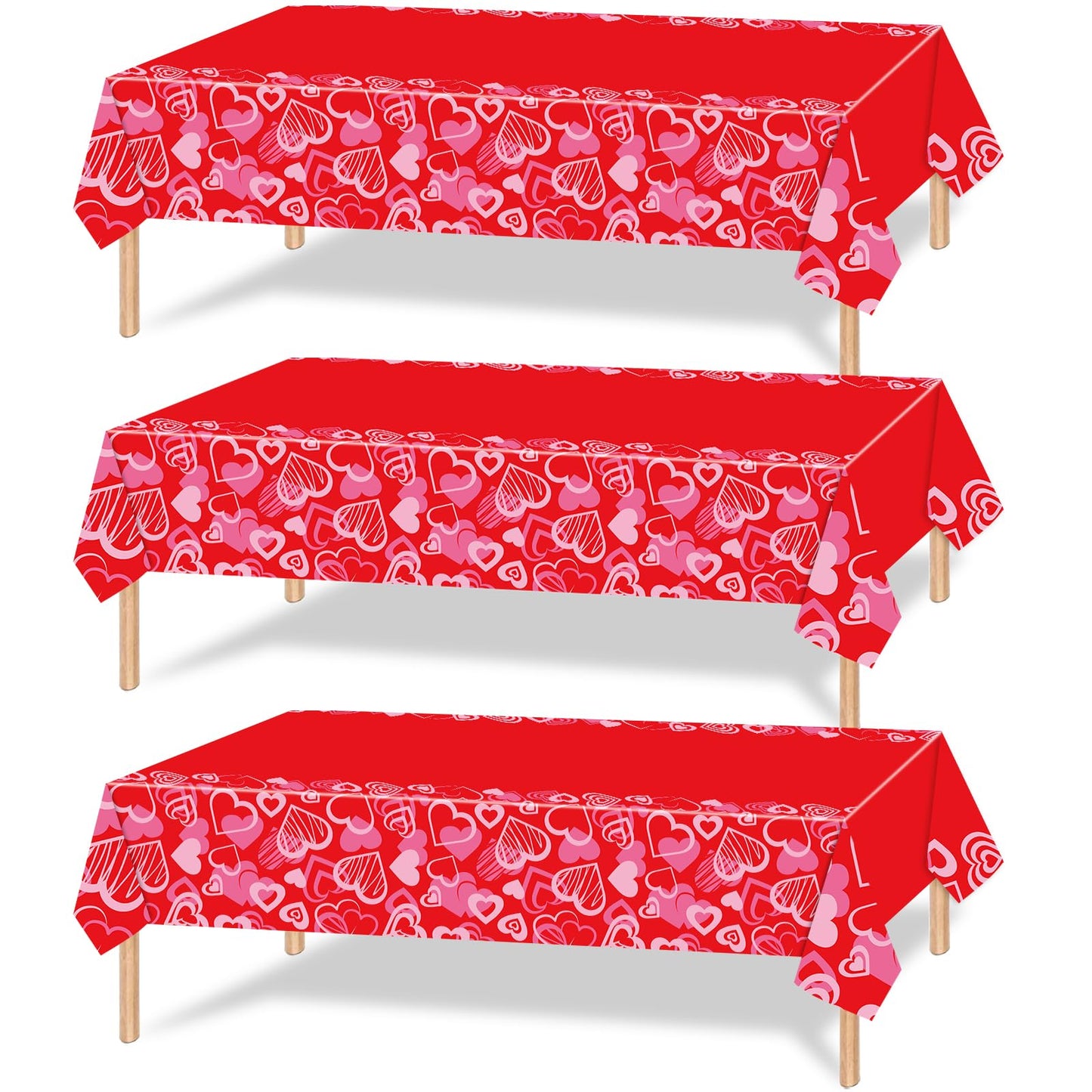 Herytem 3-Piece 54 x 108 Inch Valentine’s Day Plastic Tablecloth - Red Heart Disposable Rectangle Table Covers for Romantic Party, Love Decorations