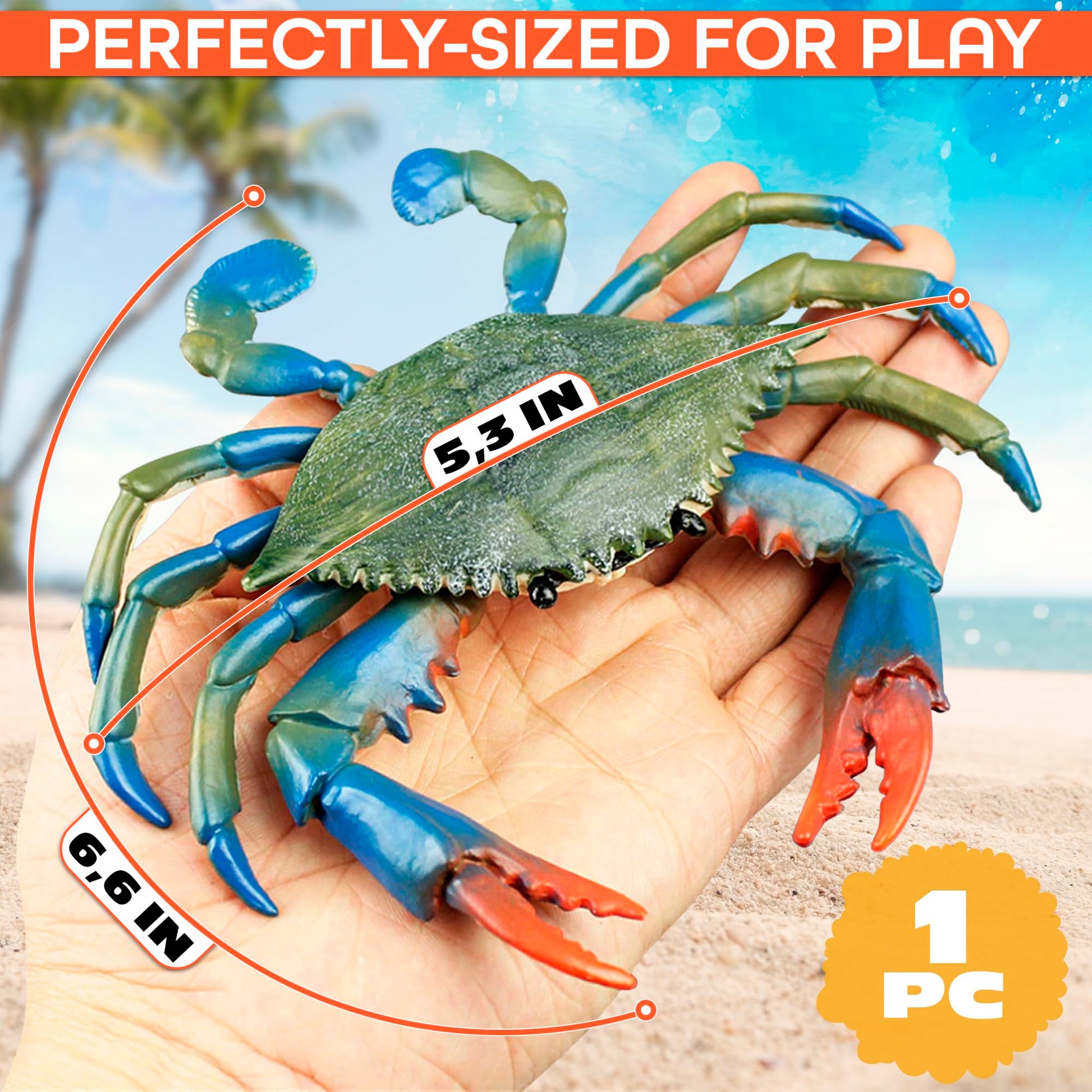 Blue Crab Toys for Kids - Realistic Plastic Crab Figure, 6.6 x 5.3 Lifelike Ocean Animal for Bath Play, Coastal Displays, Marine Life Lessons, Party