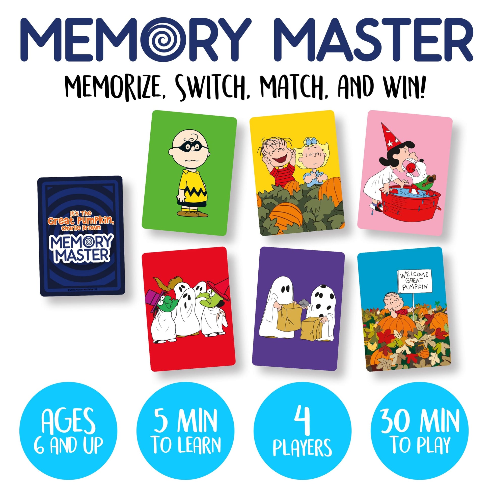 AQUARIUS Charlie Brown Great Pumpkin Memory Master Card Game - Fun Family Party Game for Kids, Teens & Adults - Entertaining Game Night Gift