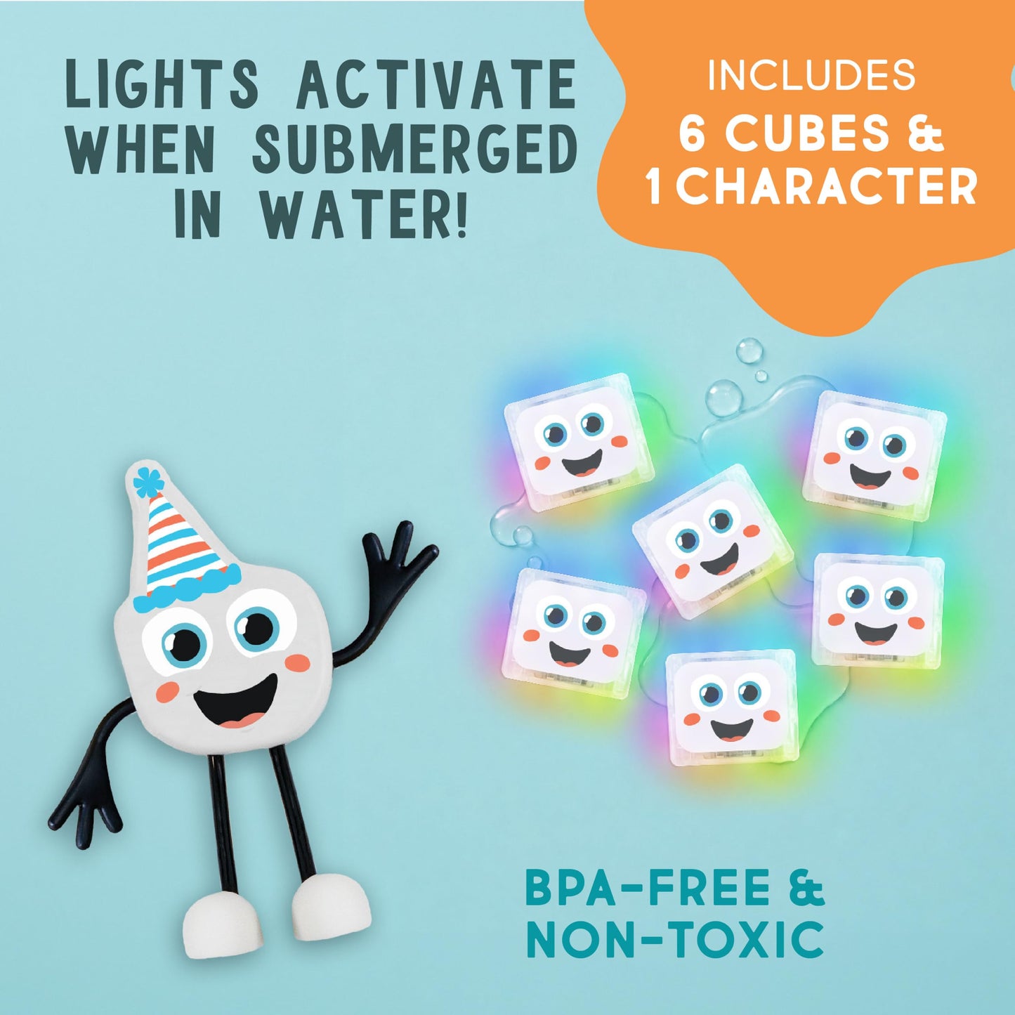 Glo Pals Water-Activated Light-Up Sensory Bath Toy Character and 6 Cubes for Bathtime and Sensory Play, Party Pal, Glows 9 Colors