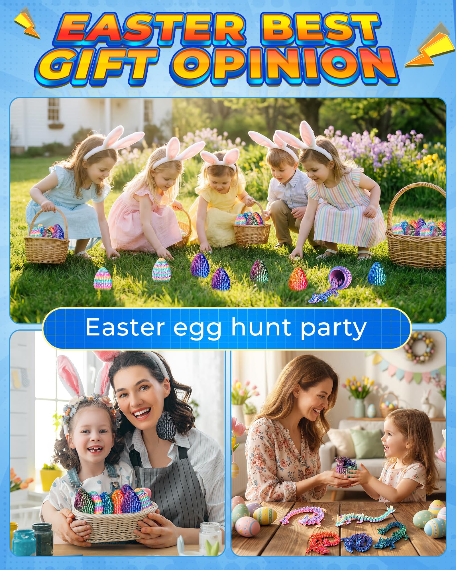 Rapean 8" 3D Printed Dragon Eggs, Easter Basket Stuffers for Kids and Teens, Articulated Dragon Toys for Children, Unique Easter Gifts for Boys