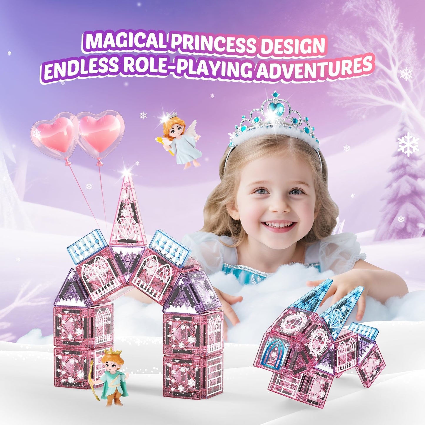Magnetic Tiles Princess Toys, Princess Castle Travel Magnetic Blocks with Metal Box & 2 Dolls, Mini Magnet Tiles for Girls Pretend Play, Magnet STEM