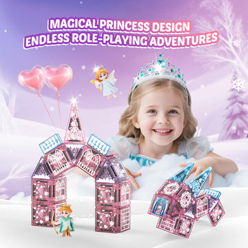 Magnetic Tiles Princess Toys, Princess Castle Travel Magnetic Blocks with Metal Box & 2 Dolls, Mini Magnet Tiles for Girls Pretend Play, Magnet STEM