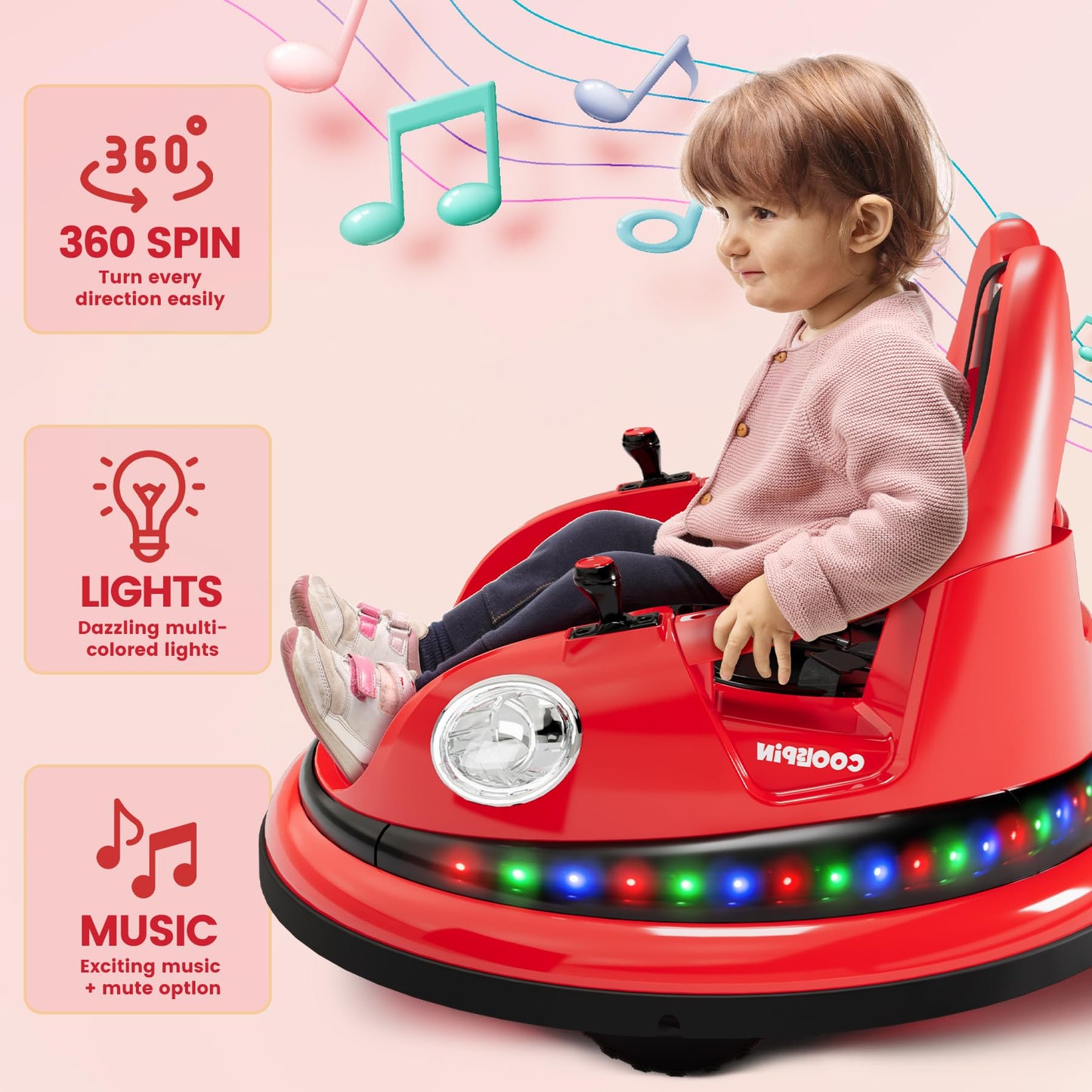 Hetoy Ride on Bumper Car for Toddlers, 12V Battery Car for Kids W/Parent Remote, 2-Speed, 2 Driving Mode, 360°Spin, Electric Bumping Car with Music &