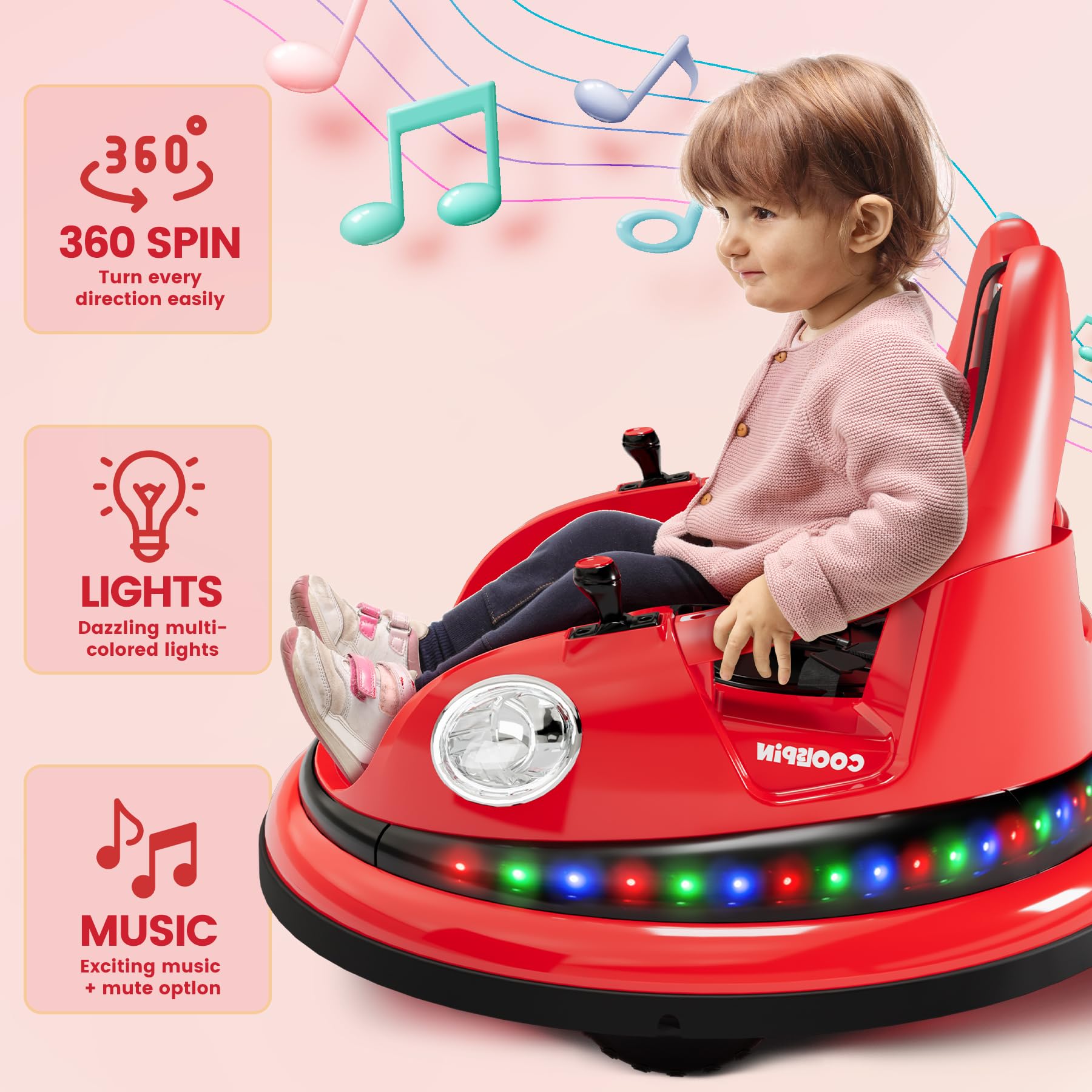 Hetoy Ride on Bumper Car for Toddlers, 12V Battery Car for Kids W/Parent Remote, 2-Speed, 2 Driving Mode, 360°Spin, Electric Bumping Car with Music &