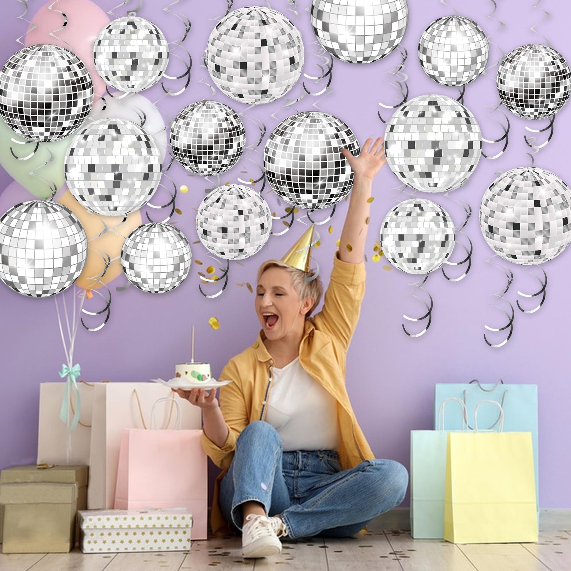 54 Pieces Disco Party Decorations Sliver Disco Ball Hanging Swirls 70s Ceiling Decor for 70s Fever Birthday Party Supplies