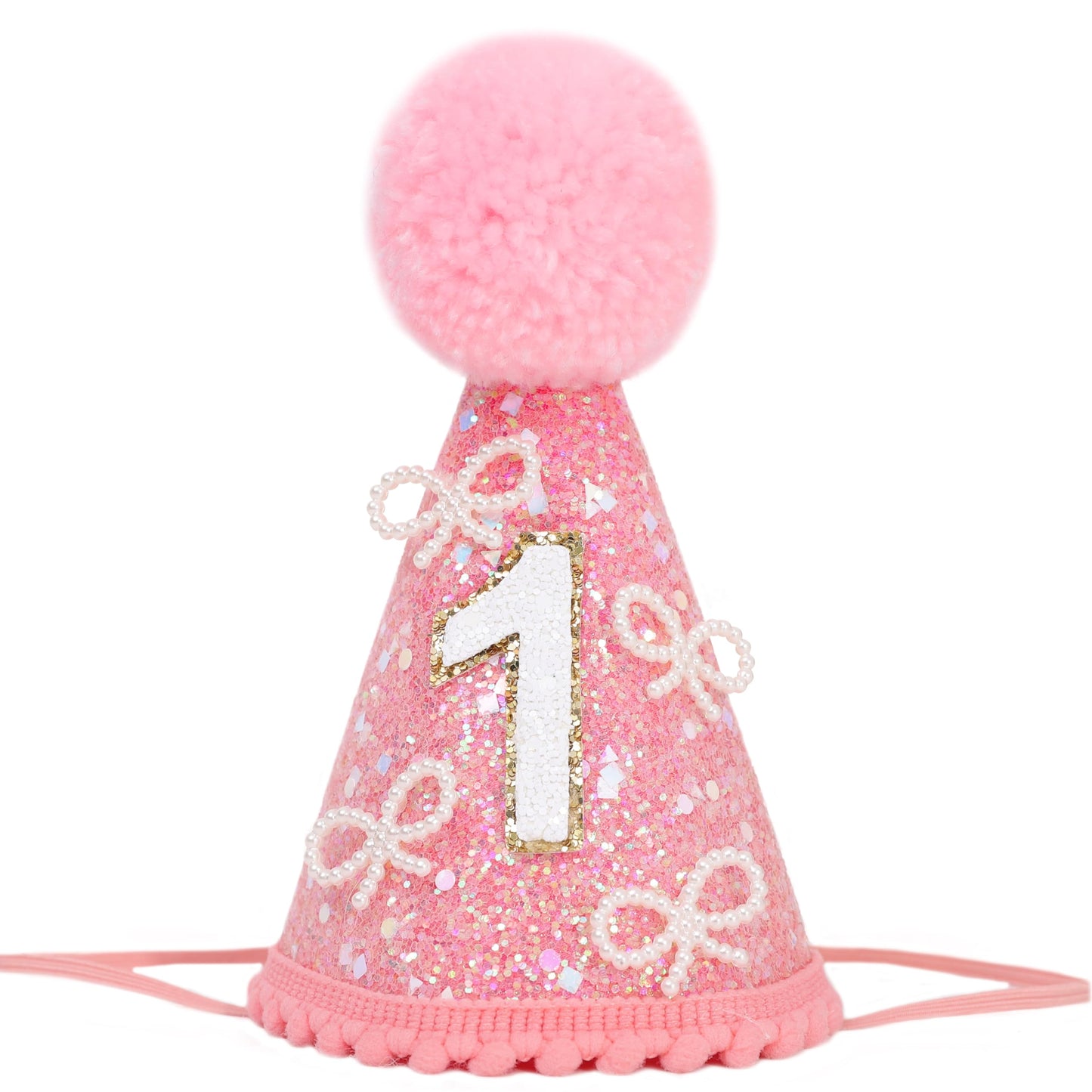MAMUXI Pearl Bow Pink 1st Birthday Hat - Sweet One Birthday Party Decorations, Bling Bling Pink Hat Photo Props, Little Princess First Party
