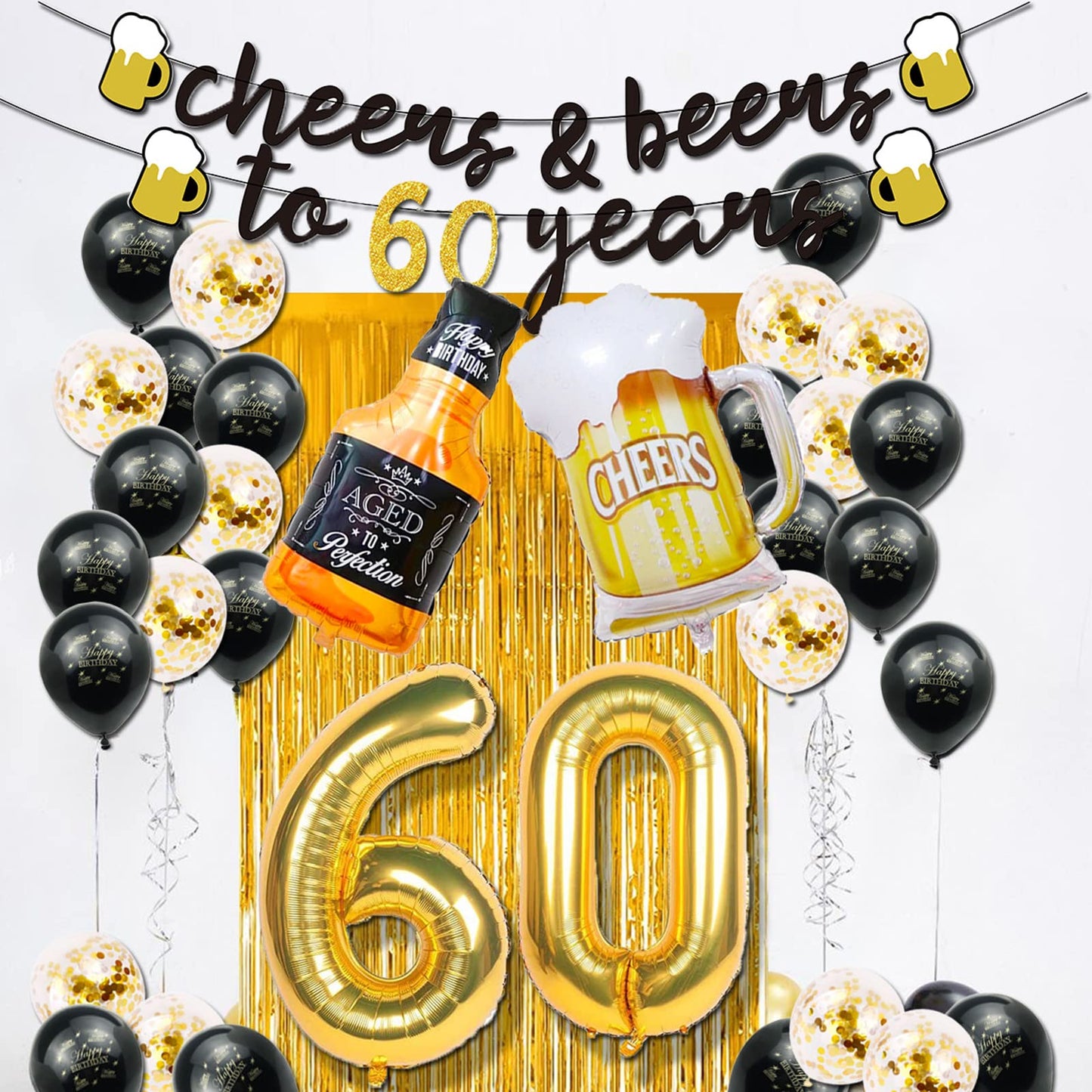 60th Birthday Decorations for Men, Happy 60th Birthday Decorations with 40 Inch Gold 60 Number Balloons, Birthday Banner, Latex Balloon, Fringe