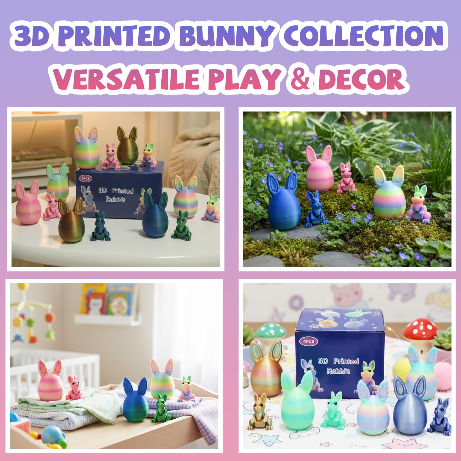 3D Printed Easter Eggs with Bunny Inside,Easter Surprise Rabbit Eggs,3D Printed Animals, Easter Basket Stuffers,Fidget Toys Gifts (4PCS)