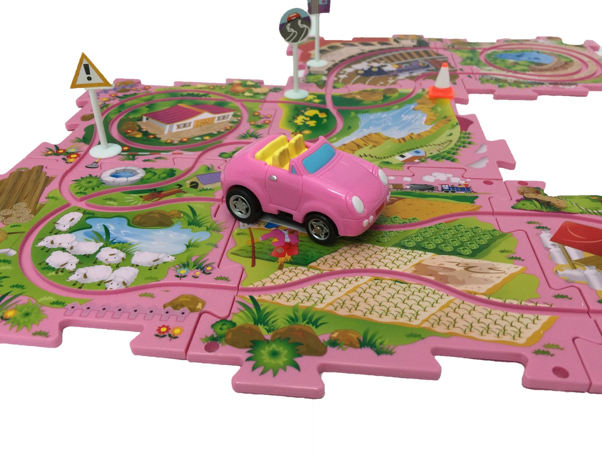Perfect Life Ideas Theme Vehicle Puzzle Track Play Set - Battery Operated Toy Themed Style Vehicle Runs on Interchangeable Puzzle Tracks - Make up