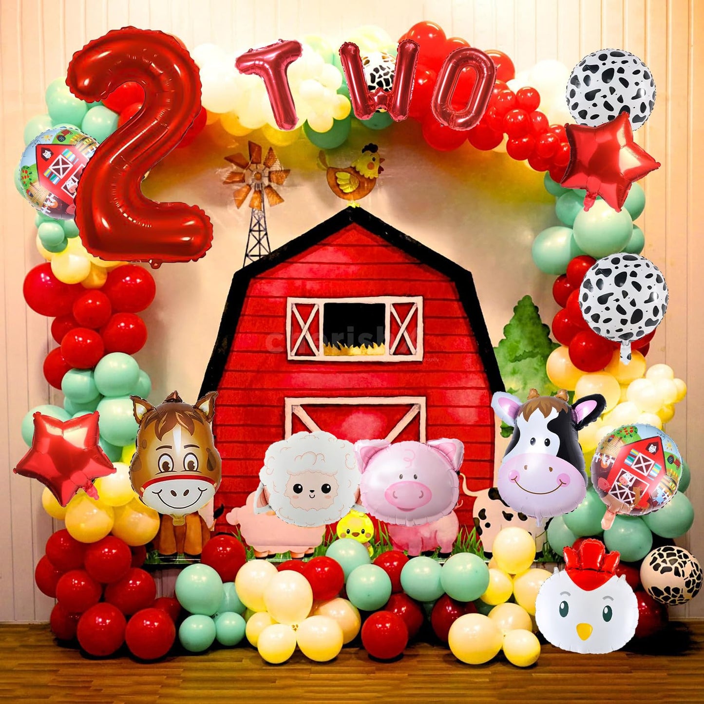 14PCS Farm Animal Balloons, Chicken Pig Donkey Cow Sheep Large Number 2 and Letter TWO Foil Balloon for 2nd Farm Animal Theme Birthday Party Decor