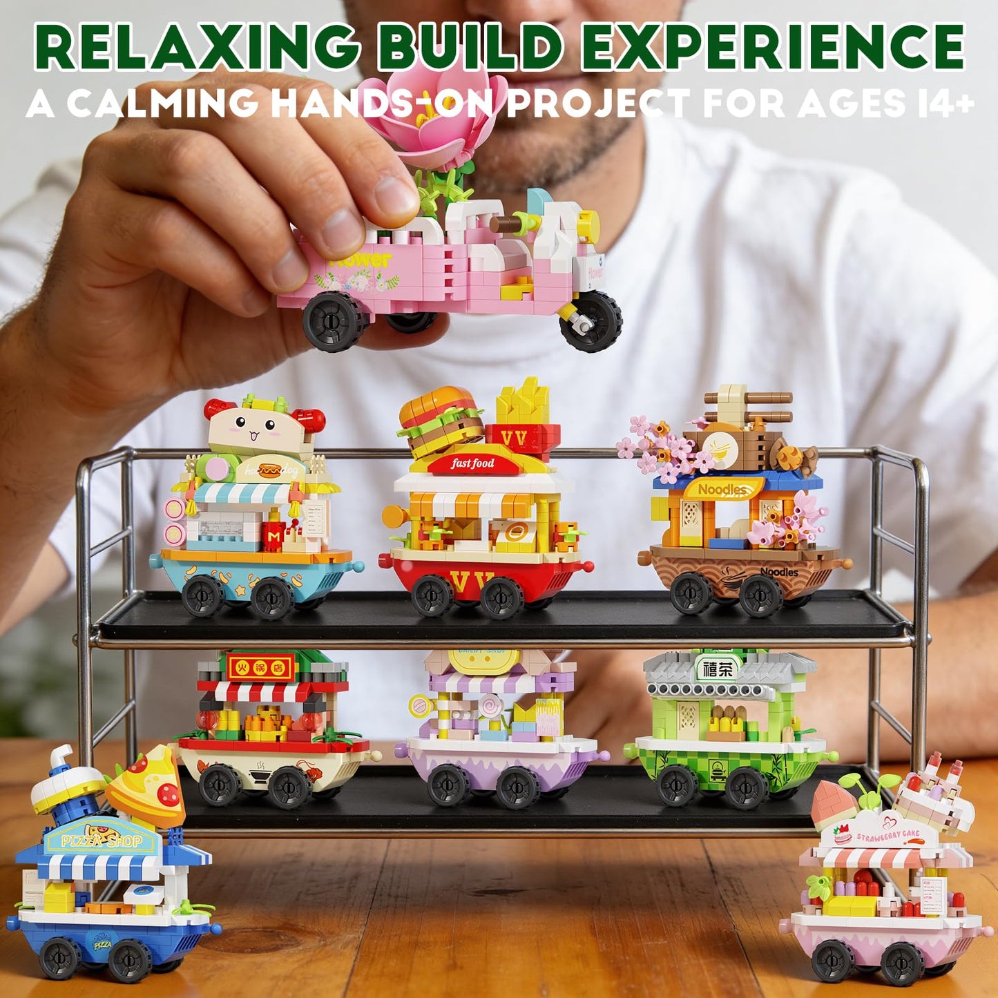 YCJZXMS 9-in-1 Kawaii Mini Building Blocks Set, Cute Food Shop DIY Model Kit, Pastel Aesthetic Desk Decor, Collectible Street Market Building Set