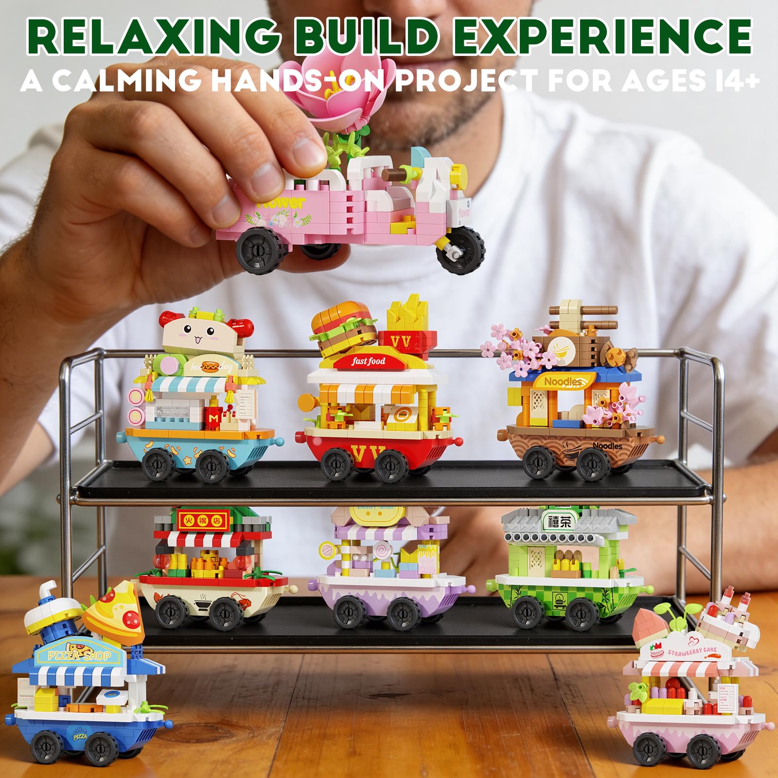 YCJZXMS 9-in-1 Kawaii Mini Building Blocks Set, Cute Food Shop DIY Model Kit, Pastel Aesthetic Desk Decor, Collectible Street Market Building Set