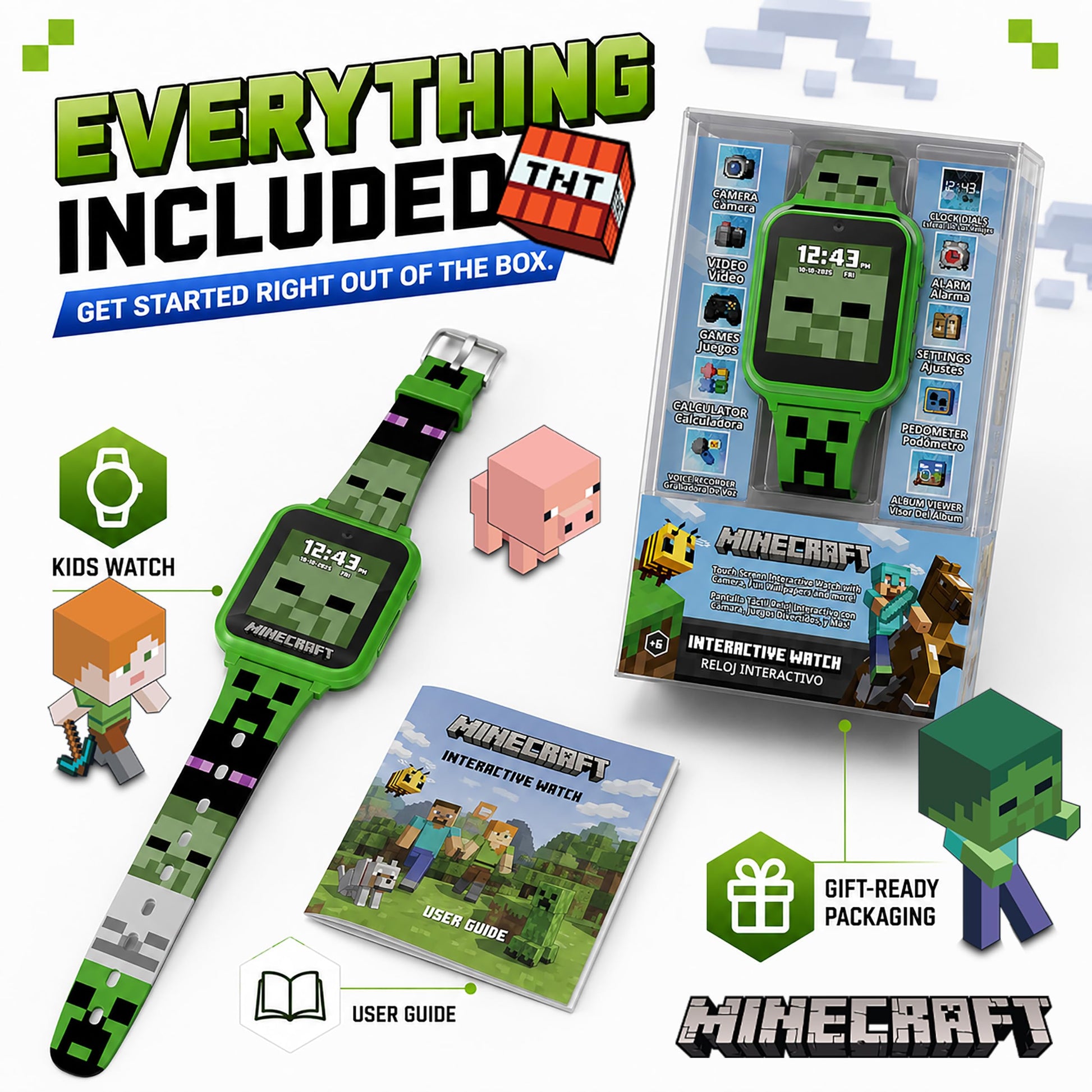 Minecraft Kids Smartwatch - Interactive LED Screen Watch with 10 Custom Watch Faces, Games, Camera, Alarm, Step Tracker & More - Fun Tech Gift