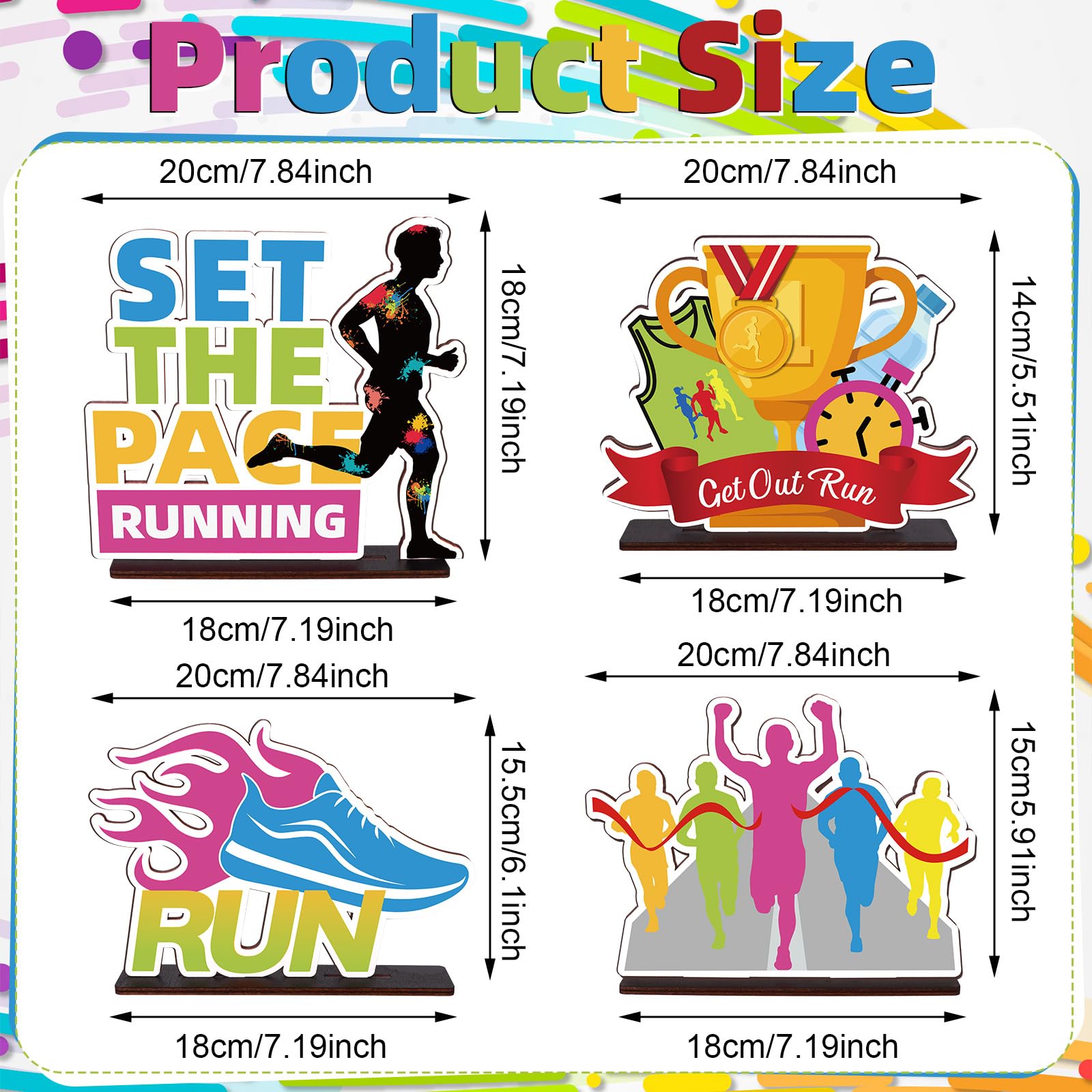 Ioffersuper 4 Pieces Wood Running Table Decorations Running Tabletop Centerpieces Running Marathon Table Toppers Sport Birthday Party Decoration