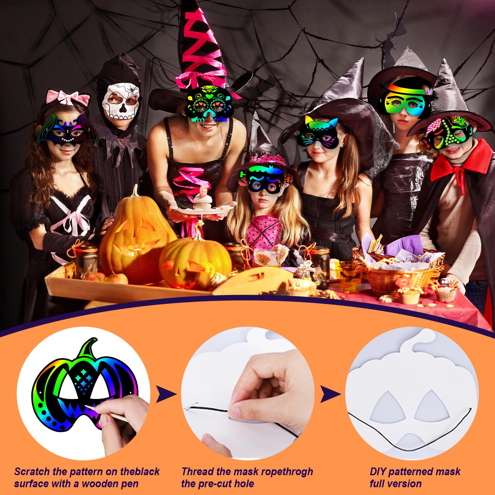 Natonhi 32Pcs Halloween Crafts for Kids Rainbow Scratch Mask, Halloween Games Scratch Art and Craft Kit Classroom Activities Favors Party Supplies