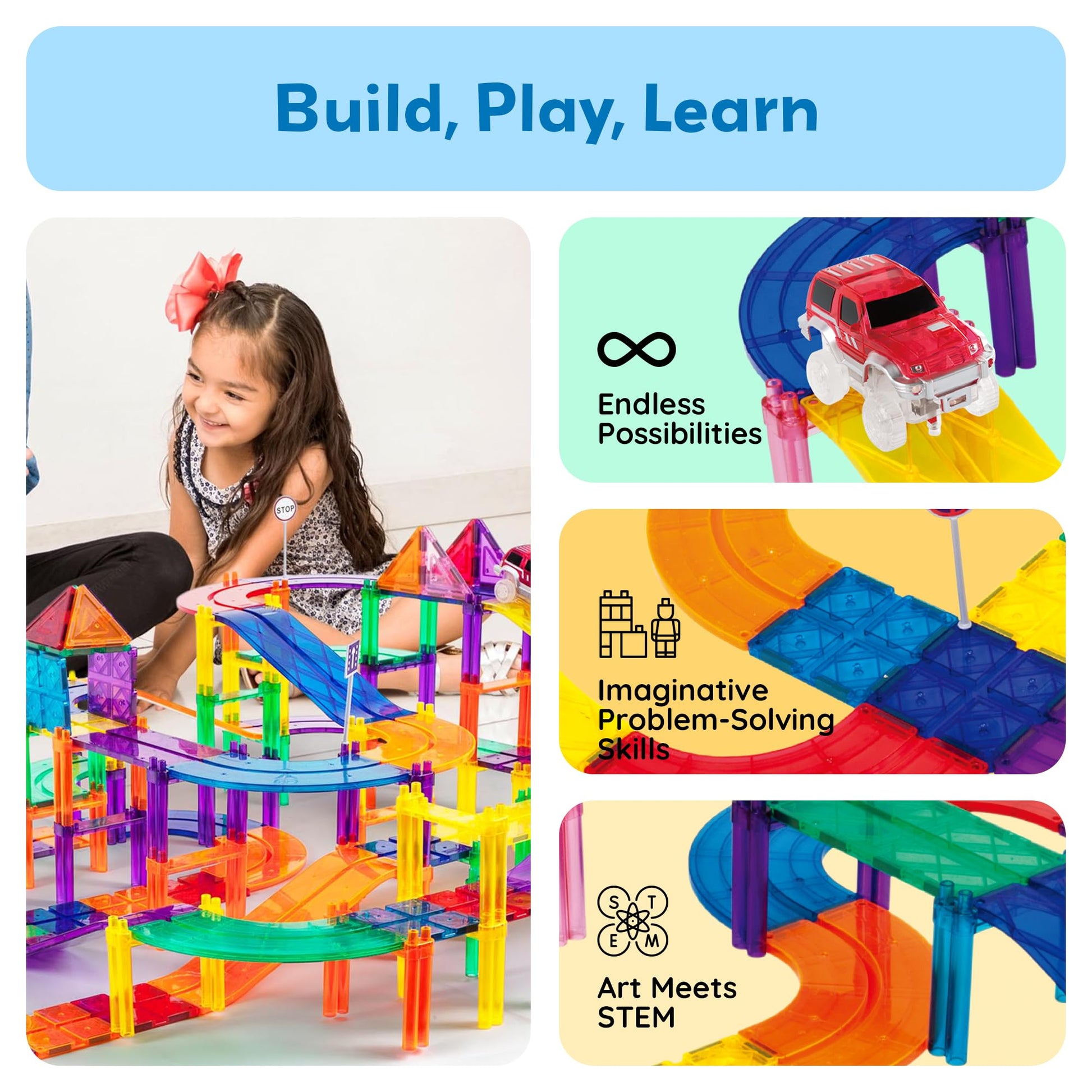 PicassoTiles 128pcs Magnetic Race Car Track Building Block Educational Toy Set Tiles Magnet Playset 3 LED Car STEM Learning Construction Kit Fine