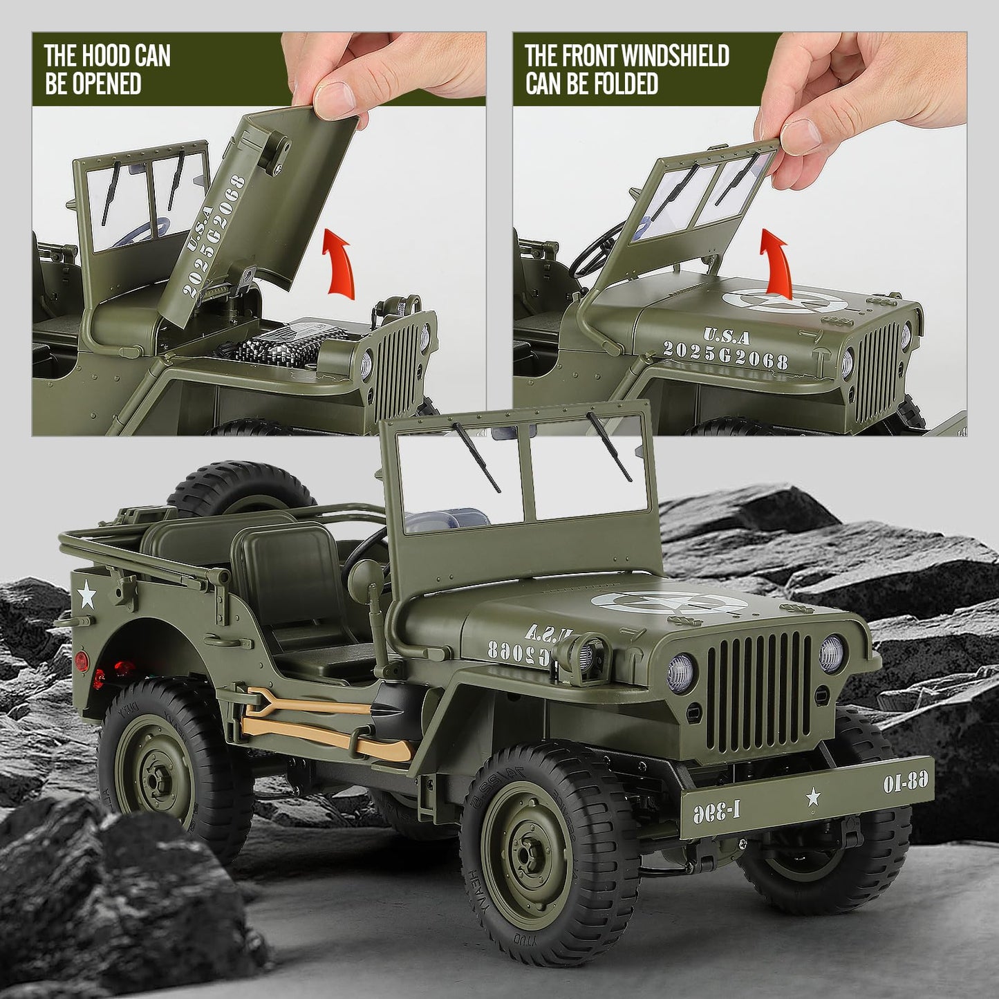 toylefun 1/10 Scale RC Military SUV, Remote Control 4WD Off-Road Vehicle with Alloy Frame Chassis, with Winch and Capstan, Army Vehicle with Opening