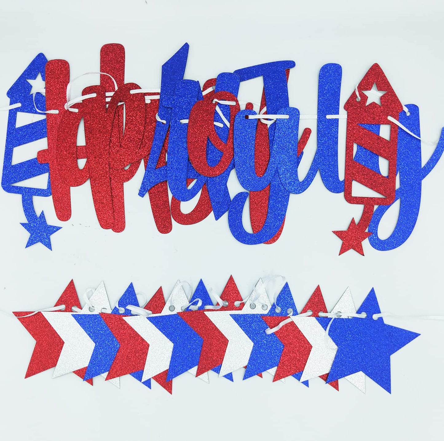 CAVLA Glittery Happy 4th of July Banner and Glitter Stars Banner Red White Blue Patriotic Fourth of July Garland Banner with Fireworks Signs