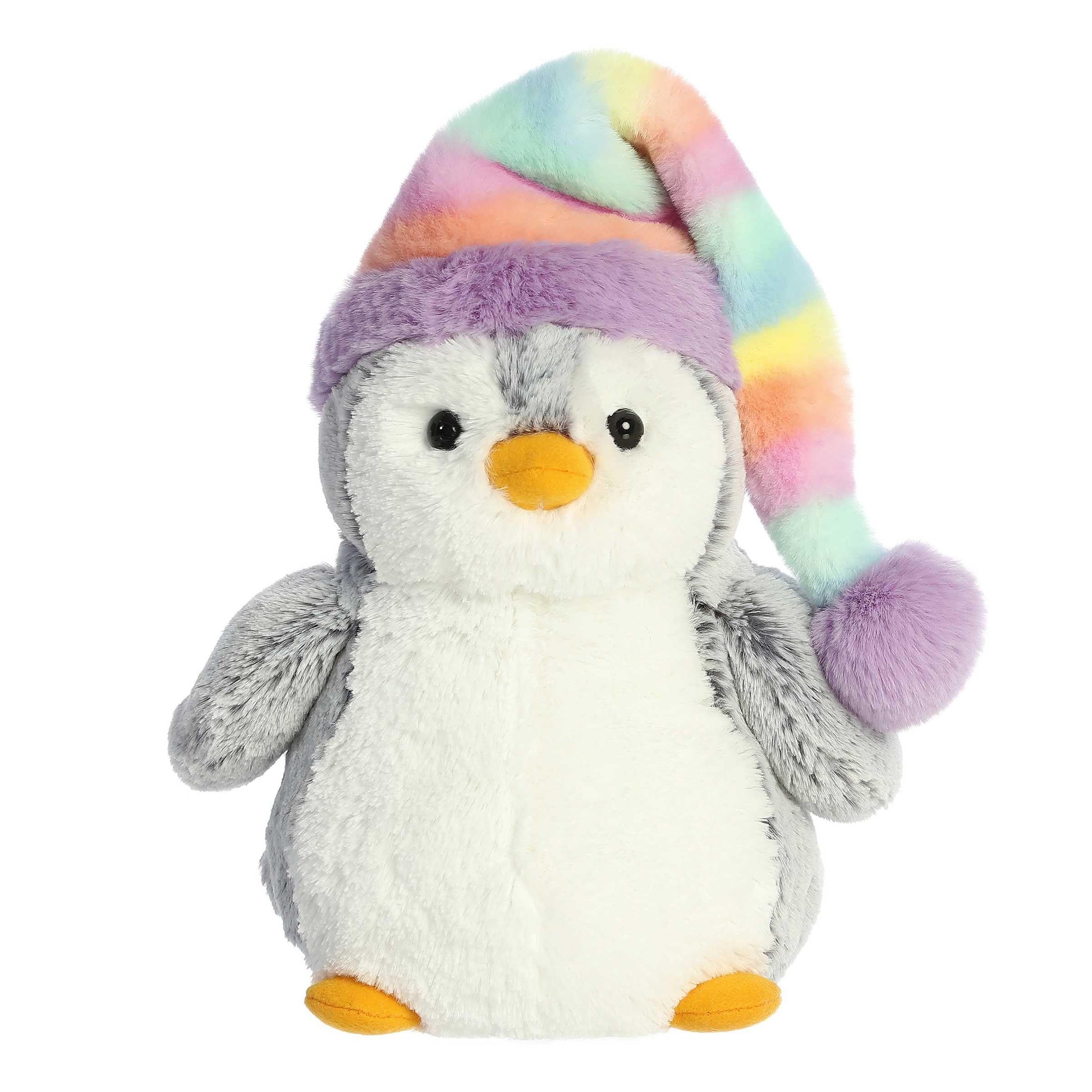 Aurora Festive Pompom Penguin Pom Pom Rainbow Hat Stuffed Animal - Vibrant Companions - Endless Fun - Gray 9 Inches