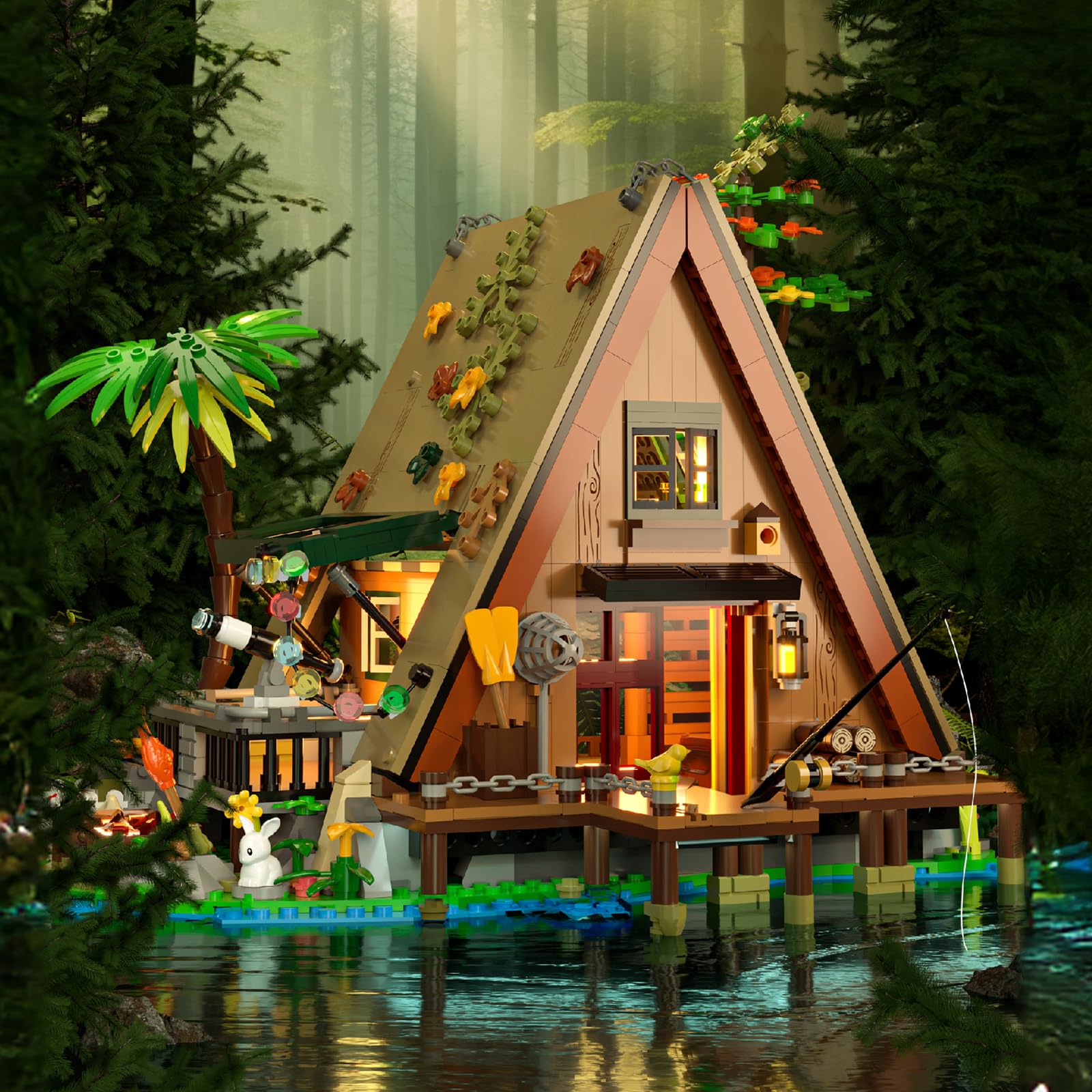 Vziimo A-Frame Cabin Building Set, MOC Ideas Cabin House Collectible Model Kit with LED for Adults and Kids Age 12+, Gifts for Nature and Architecture