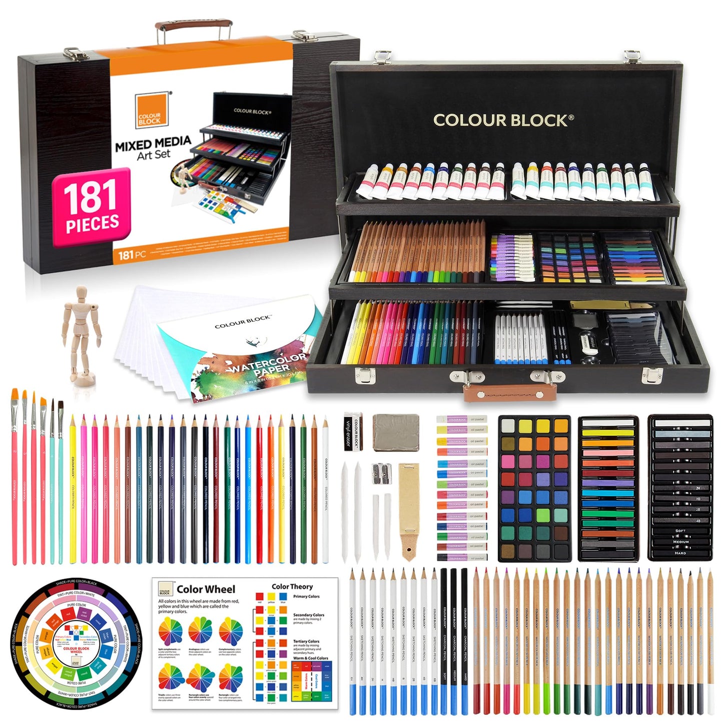 COLOUR BLOCK 181-Piece Mixed Media Art Set in Wooden Case, Deluxe Drawing Set and Professional Art Supplies for Adults, Art Kit for Drawing