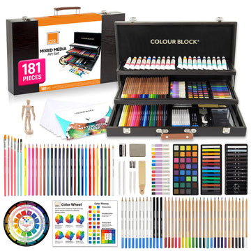 COLOUR BLOCK 181-Piece Mixed Media Art Set in Wooden Case, Deluxe Drawing Set and Professional Art Supplies for Adults, Art Kit for Drawing