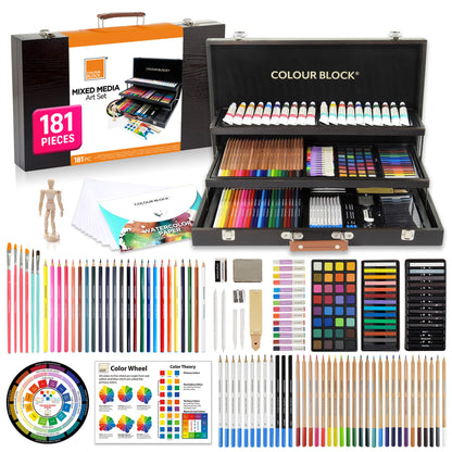 COLOUR BLOCK 181-Piece Mixed Media Art Set in Wooden Case, Deluxe Drawing Set and Professional Art Supplies for Adults, Art Kit for Drawing