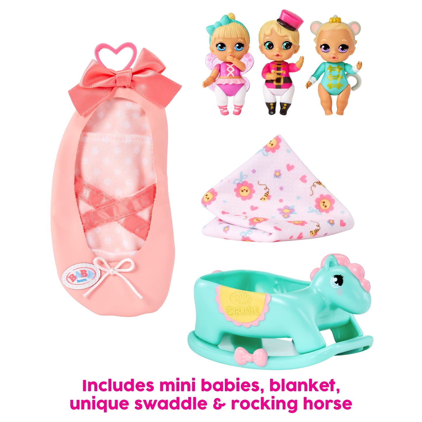 Baby Born Surprise Mini Babies 2.25" - Unwrap Surprise Twins or Triplets Collectible Baby Dolls with Soft Swaddle, Blanket, Rocking Horse, Age 3+