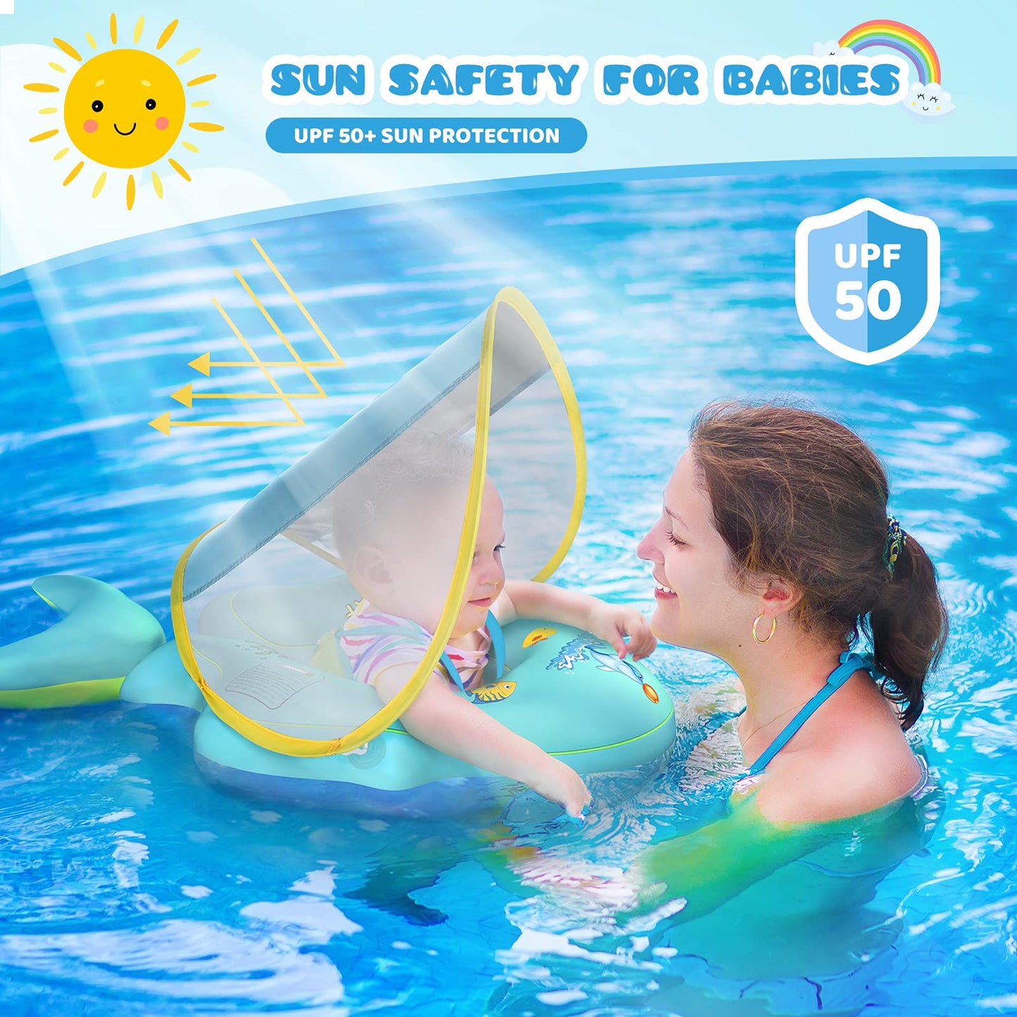No Flip Over Baby Pool Float with Canopy UPF50+ Sun Protection, Sponge Safety Support Bottom, Fun Gifts Water Toys Accessories Inflatable Baby Swim