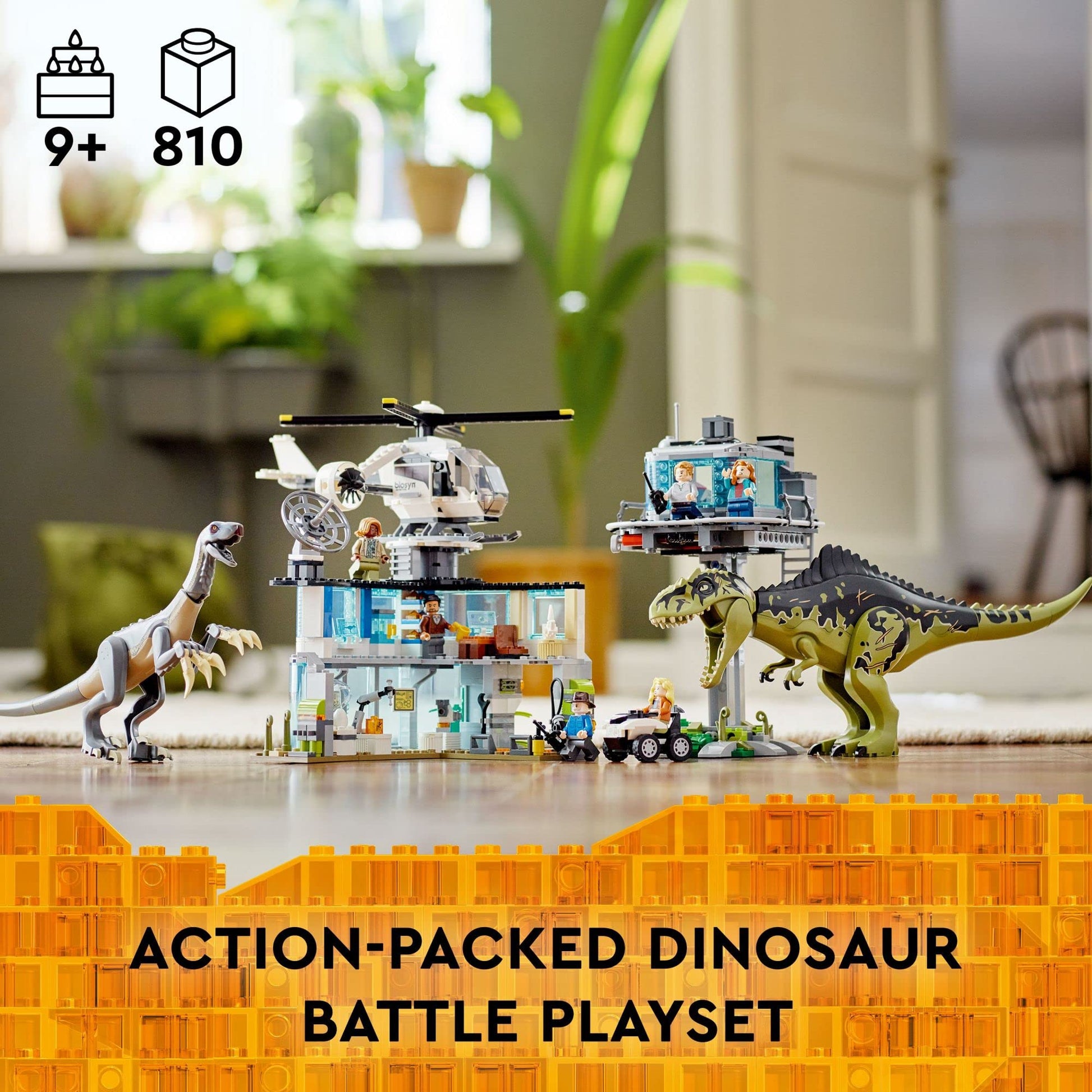 LEGO Jurassic World Giganotosaurus & Therizinosaurus Attack 76949 with 2 Dinosaur Toy Figures, ATV Car, Helicopter & Garage, Gifts for Kids, Boys and