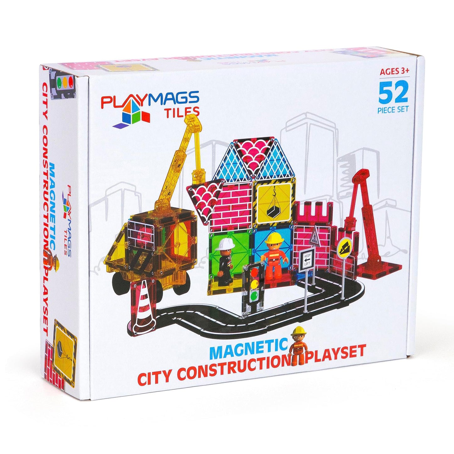 Playmags City Construction Magnetic Tiles Set, Building Blocks with Crane & Road Pieces, Educational STEM Toys for Boys & Girls Ages 3+ 52-Piece