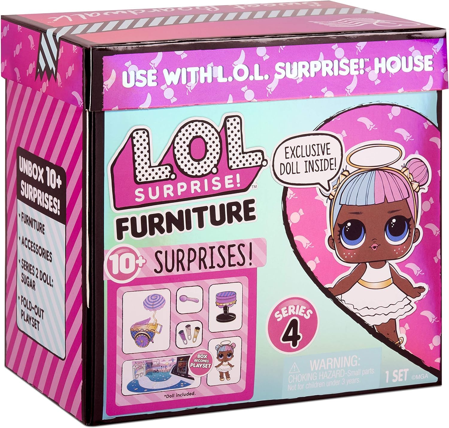 L.O.L. Surprise! LOL Surprise Furniture Sweet Boardwalk with Sugar Doll and 10+ Surprises, Doll Candy Cart Furniture Set, Accessories
