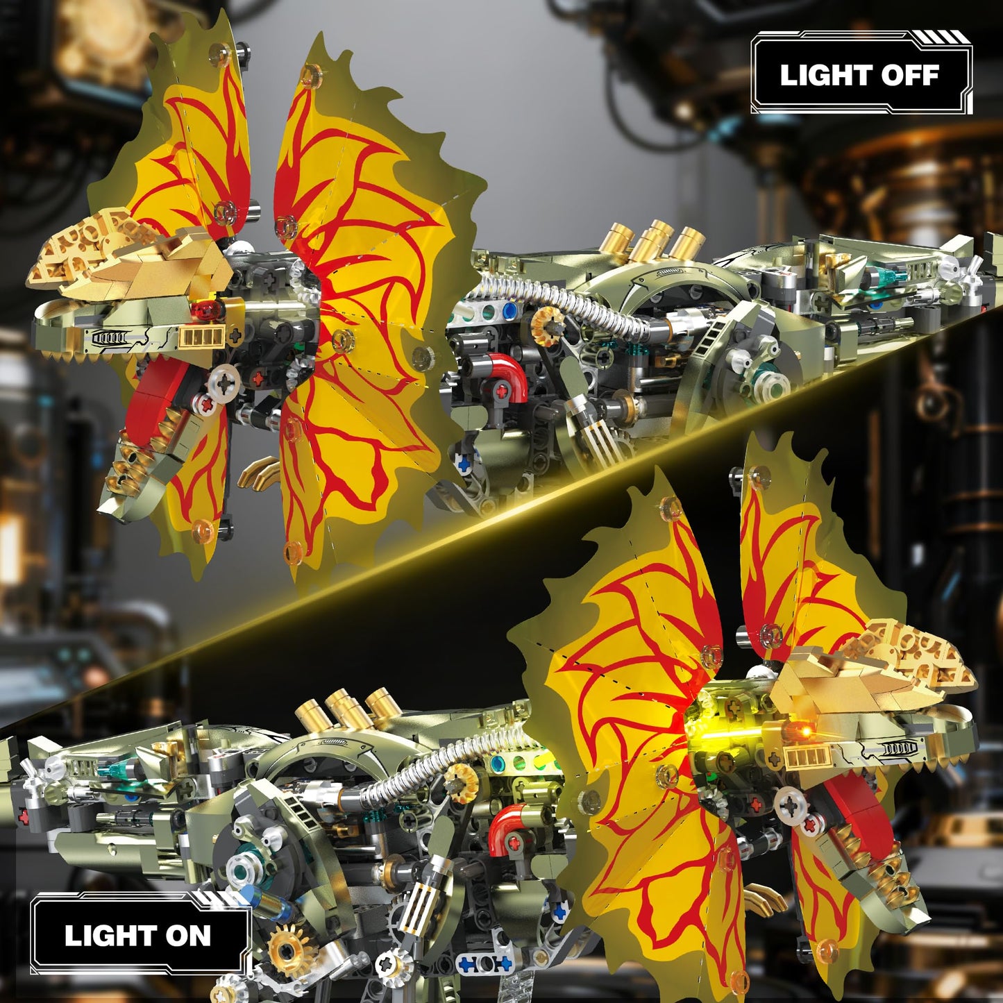 OrbBlaster Mechanical Dilophosaurus Building Set, Technic Dinosaur Model with Manual Linkage & LED Eyes, Steampunk Robot Collectible, Creative STEM