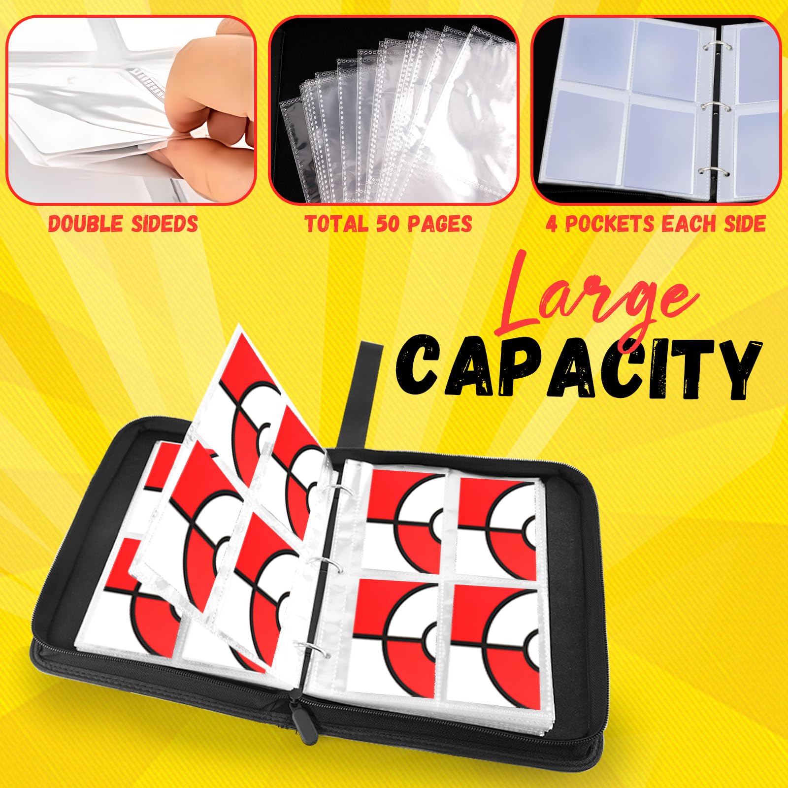 Card Binder 4 Pocket, Trading Card Holder Fits 400 Cards with 50 Removable Sleeves, Large Capacity & Waterproof Zipper Album Holder for Trading Card