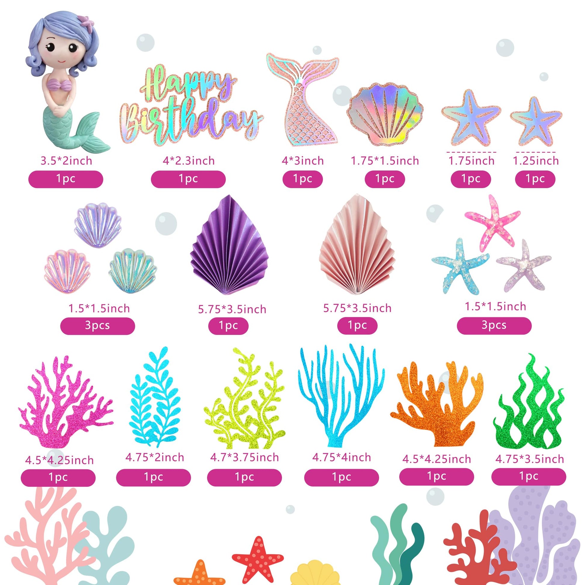 20 PCS Mermaid Cake Toppers with 3D Mermaid Seaweed Folding Fans Shell Starfish Cake Decorations (STYLE1)
