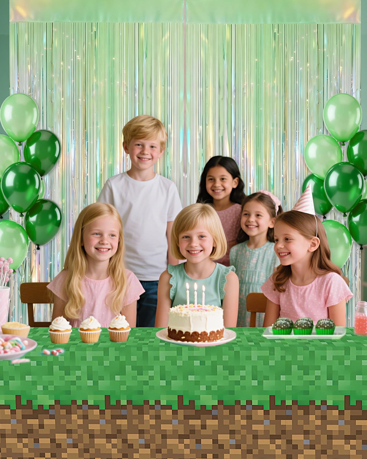 Iridescent Green Party Streamers Backdrop - 2 Pack 3.3 x 8.21 ft Neon Transparent Holographic Tinsel Foil Fringe Curtain for Birthday Dinosaur St