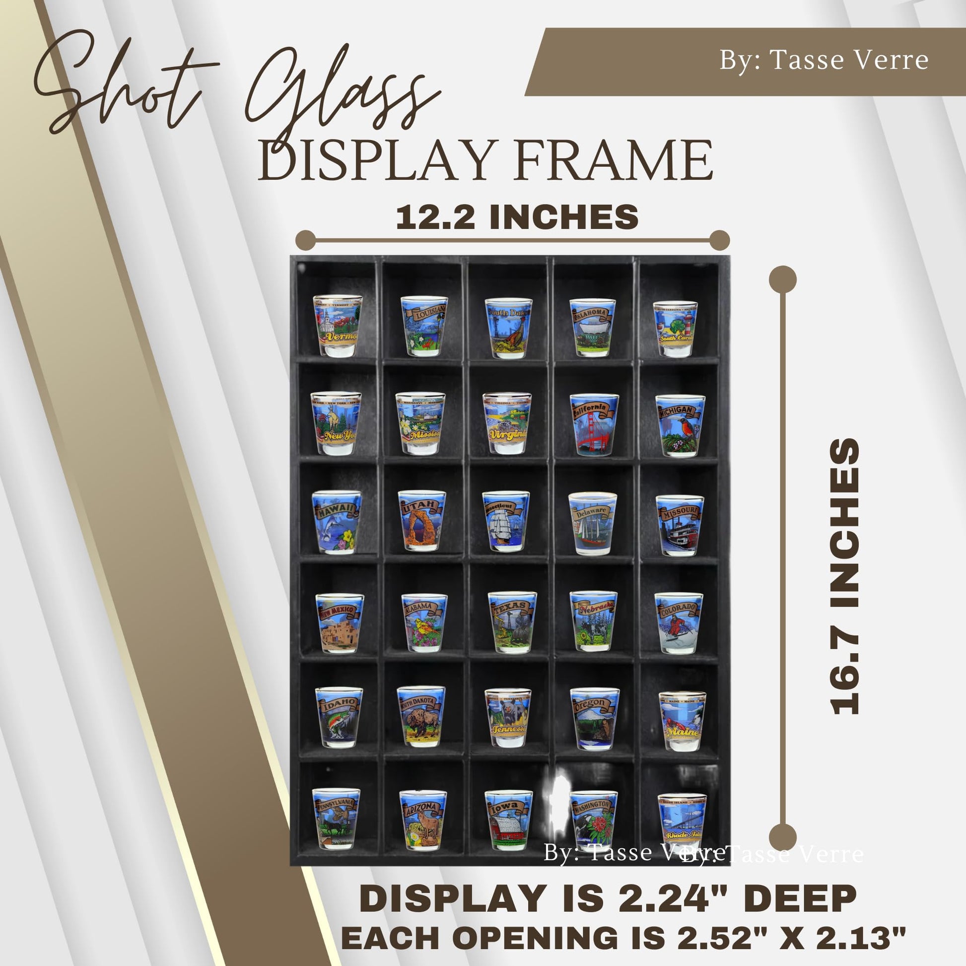 Tasse Verre 30 Shot Glass Shelf Display Case (1-Pack) - Large Wooden Collectibles Rack - Wall Mounted Black Bar Shadow Box Minifigure Storage