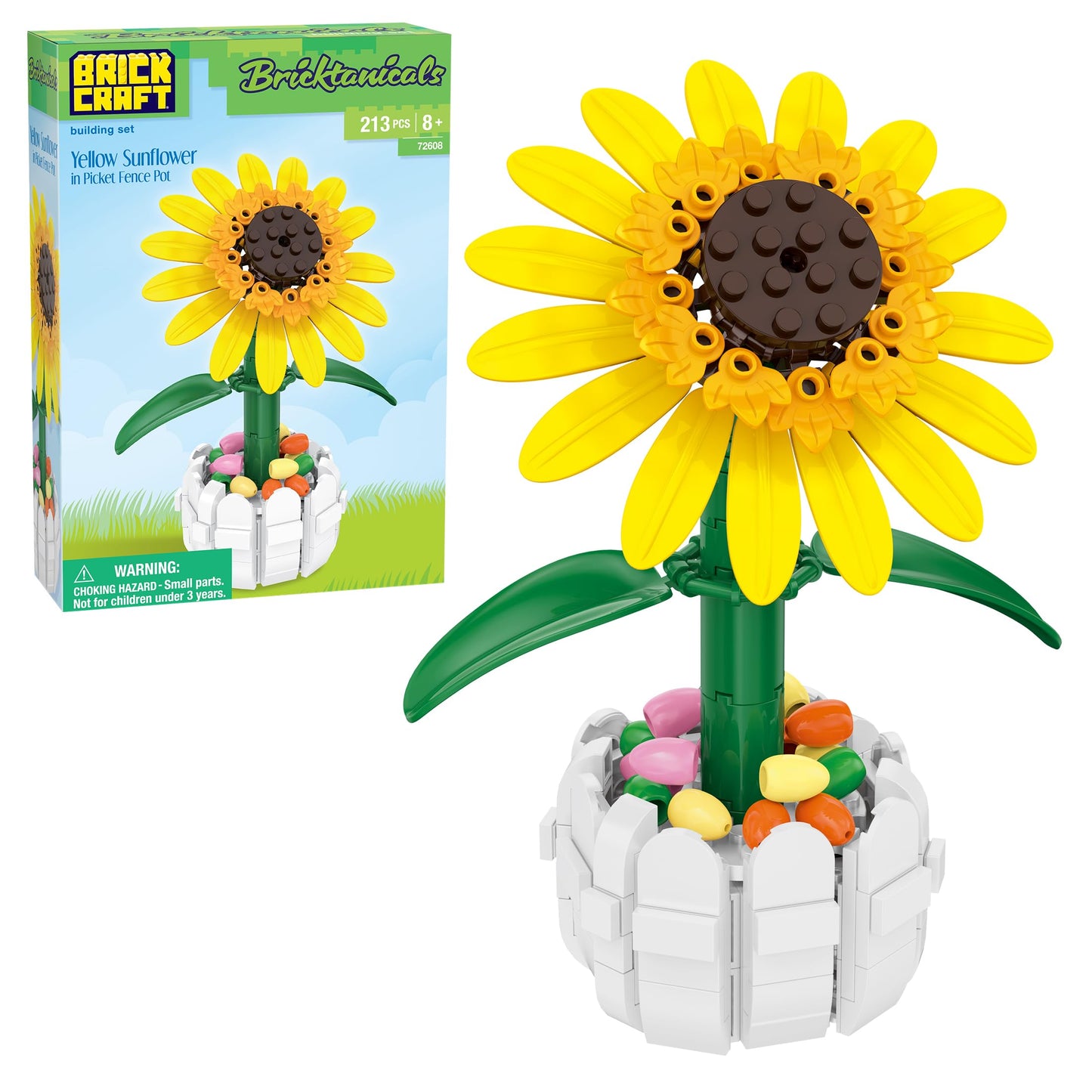 Brickcraft Bricktanicals Yellow Sunflower in Picket Fence Pot Brick Building Set, 213 Piece Botanical Flower Model, Ages 8 Plus, Collectible Build