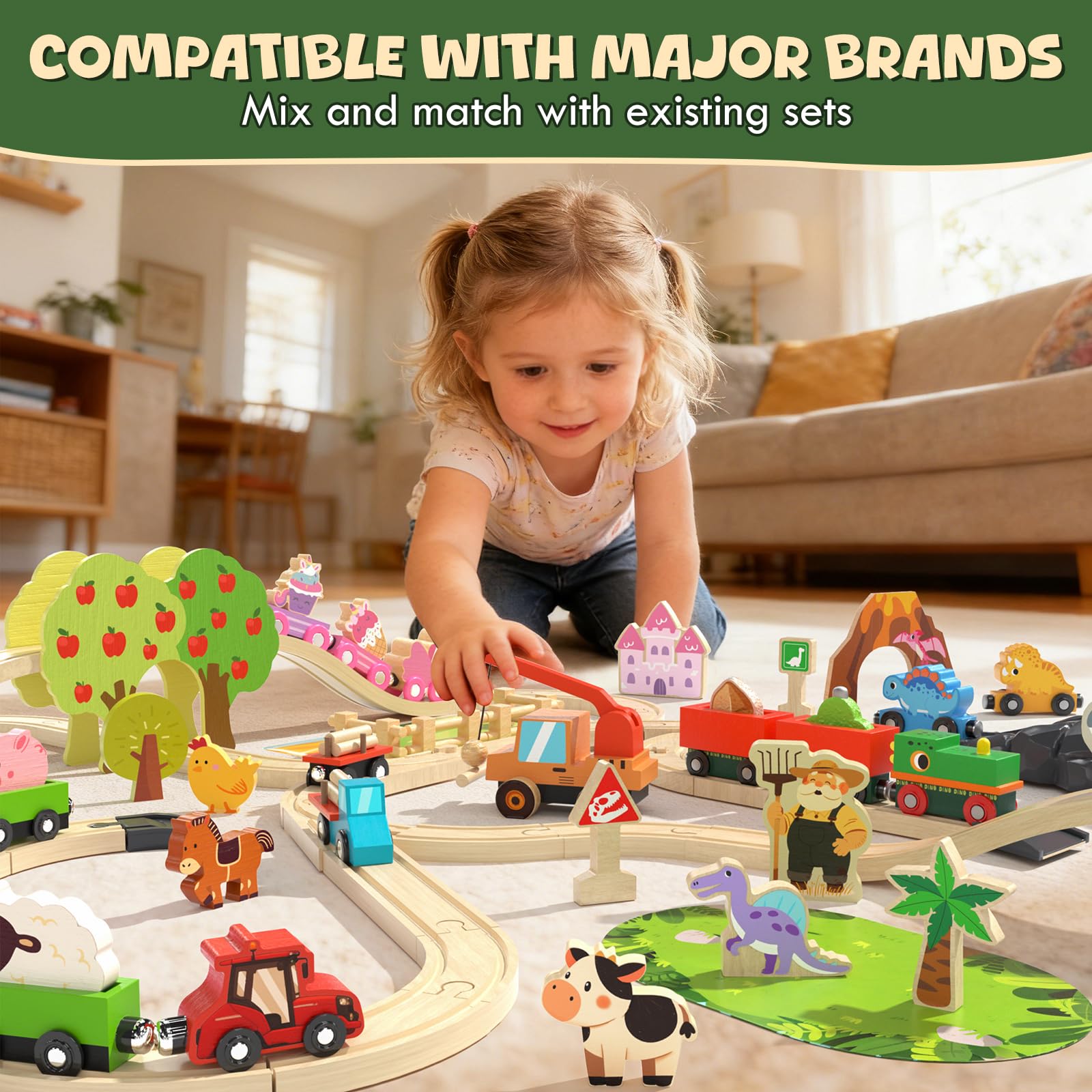 Lehoo Castle Wooden Train Set for Toddlers 2-4 - Wooden Train Track Set for Kids, Farm Animal Train Toys for 3 4 5 6 Year Old Boy Girl Birthday Gifts