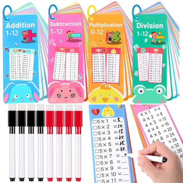 60Pcs Addition Subtraction Multiplication Division and Subtraction Flash Card, Math Flash Cards with 8 Dry Erase Pens 4 Rings, Time Table Flash Cards