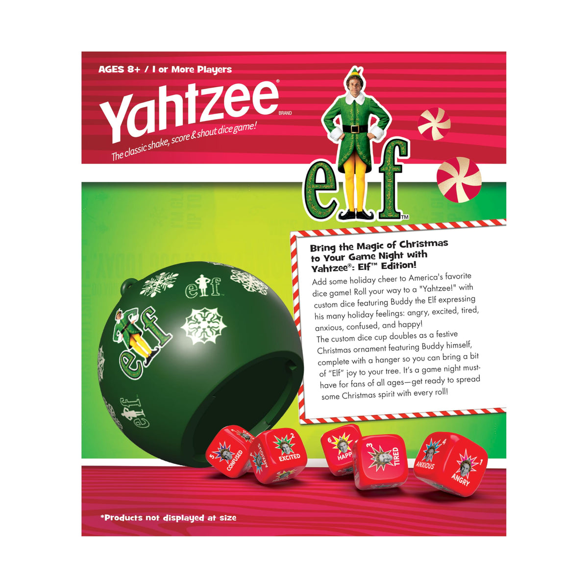 YAHTZEE: Elf Edition, Exclusive Holiday Ornament Cup Featuring Buddy, Roll the dice & Spread the Christmas Spirit, Classic Dice Game for Fans, Adults